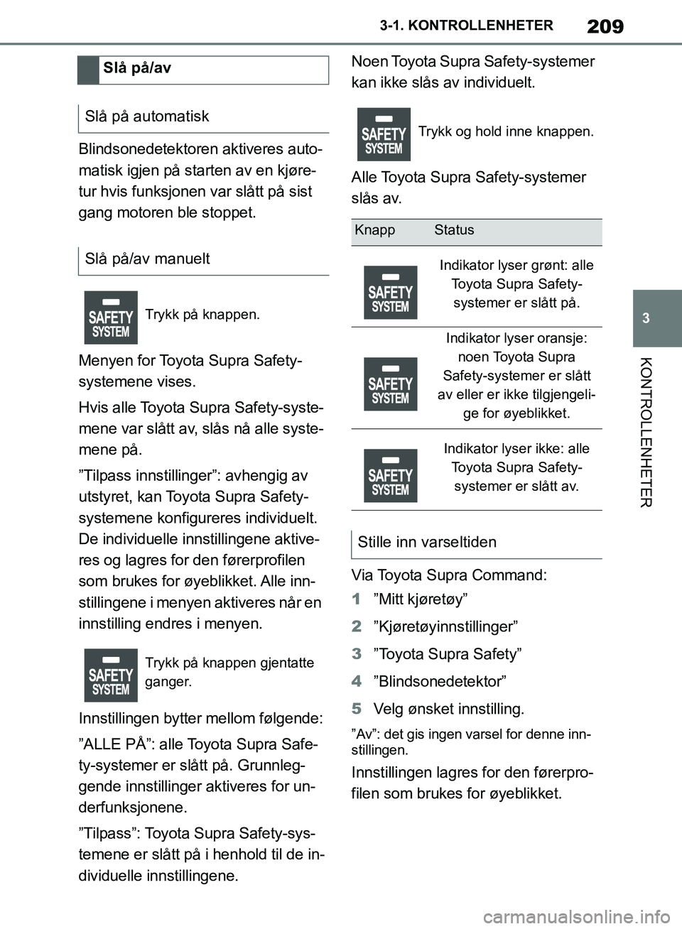 TOYOTA SUPRA 2019 Instruksjoner for bruk (in Norwegian) 209
3
Brukerhåndbok for Supra 3-1. KONTROLLENHETER
KONTROLLENHETER
Blindsonedetektoren aktiveres auto-
matisk igjen på starten av en kjøre-
tur hvis funksjonen var slått på sist
gang motoren ble TOYOTA SUPRA 2019 Instruksjoner for bruk (in Norwegian) 209
3
Brukerhåndbok for Supra 3-1. KONTROLLENHETER
KONTROLLENHETER
Blindsonedetektoren aktiveres auto-
matisk igjen på starten av en kjøre-
tur hvis funksjonen var slått på sist
gang motoren ble