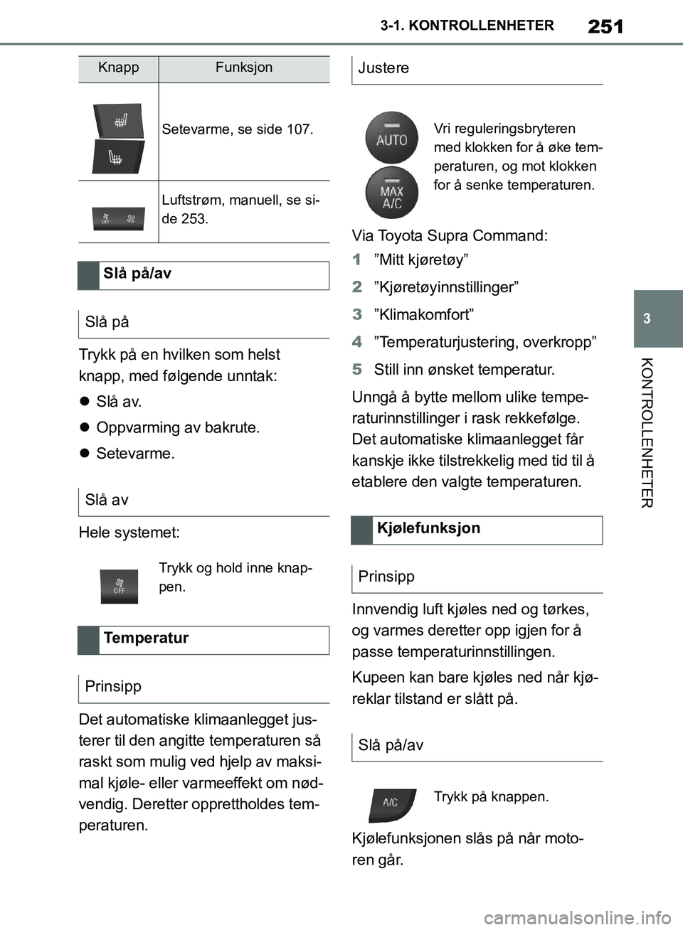 TOYOTA SUPRA 2019  Instruksjoner for bruk (in Norwegian) 251
3
Brukerhåndbok for Supra 3-1. KONTROLLENHETER
KONTROLLENHETERTrykk på en hvilken som helst 
knapp, med følgende unntak:

Slå av.
 Oppvarming av bakrute.
 Setevarme.
Hele systemet:
De