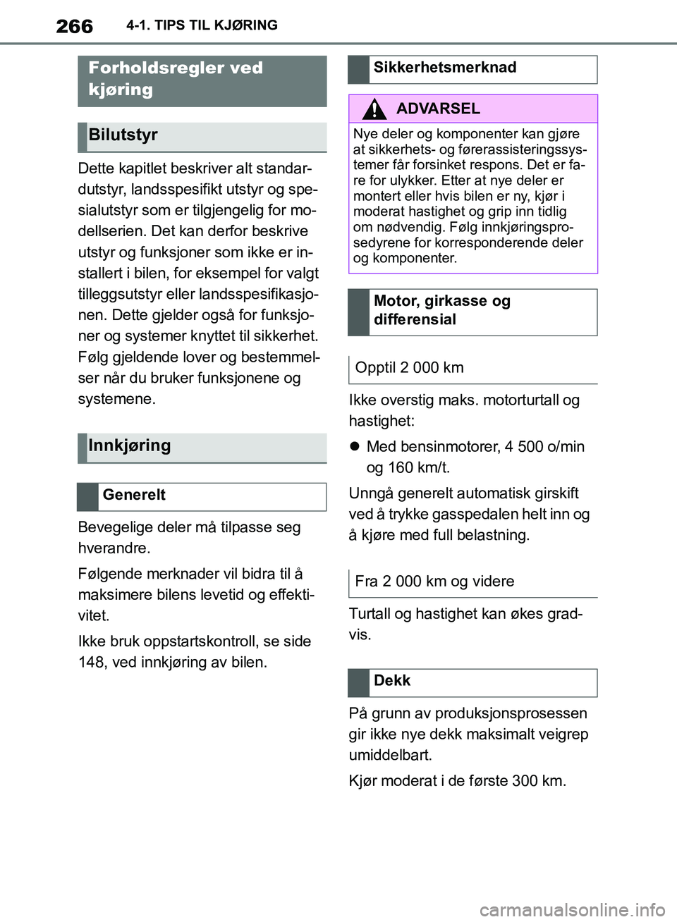 TOYOTA SUPRA 2019  Instruksjoner for bruk (in Norwegian) 266
Brukerhåndbok for Supra4-1. TIPS TIL KJØRING
4-1.TIPS TIL KJØRING
Dette kapitlet beskriver alt standar-
dutstyr, landsspesifikt utstyr og spe-
sialutstyr som er tilgjengelig for mo-
dellserien.