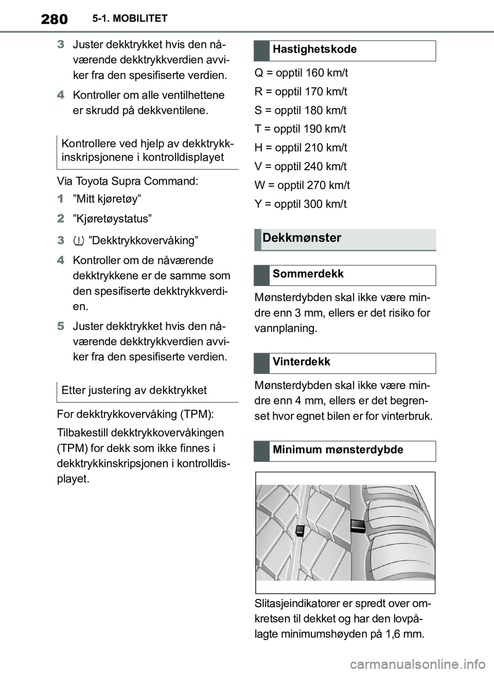 TOYOTA SUPRA 2019  Instruksjoner for bruk (in Norwegian) 280
Brukerhåndbok for Supra5-1. MOBILITET
3
Juster dekktrykket hvis den nå-
værende dekktrykkverdien avvi-
ker fra den spesifiserte verdien.
4 Kontroller om alle ventilhettene 
er skrudd på dekkve