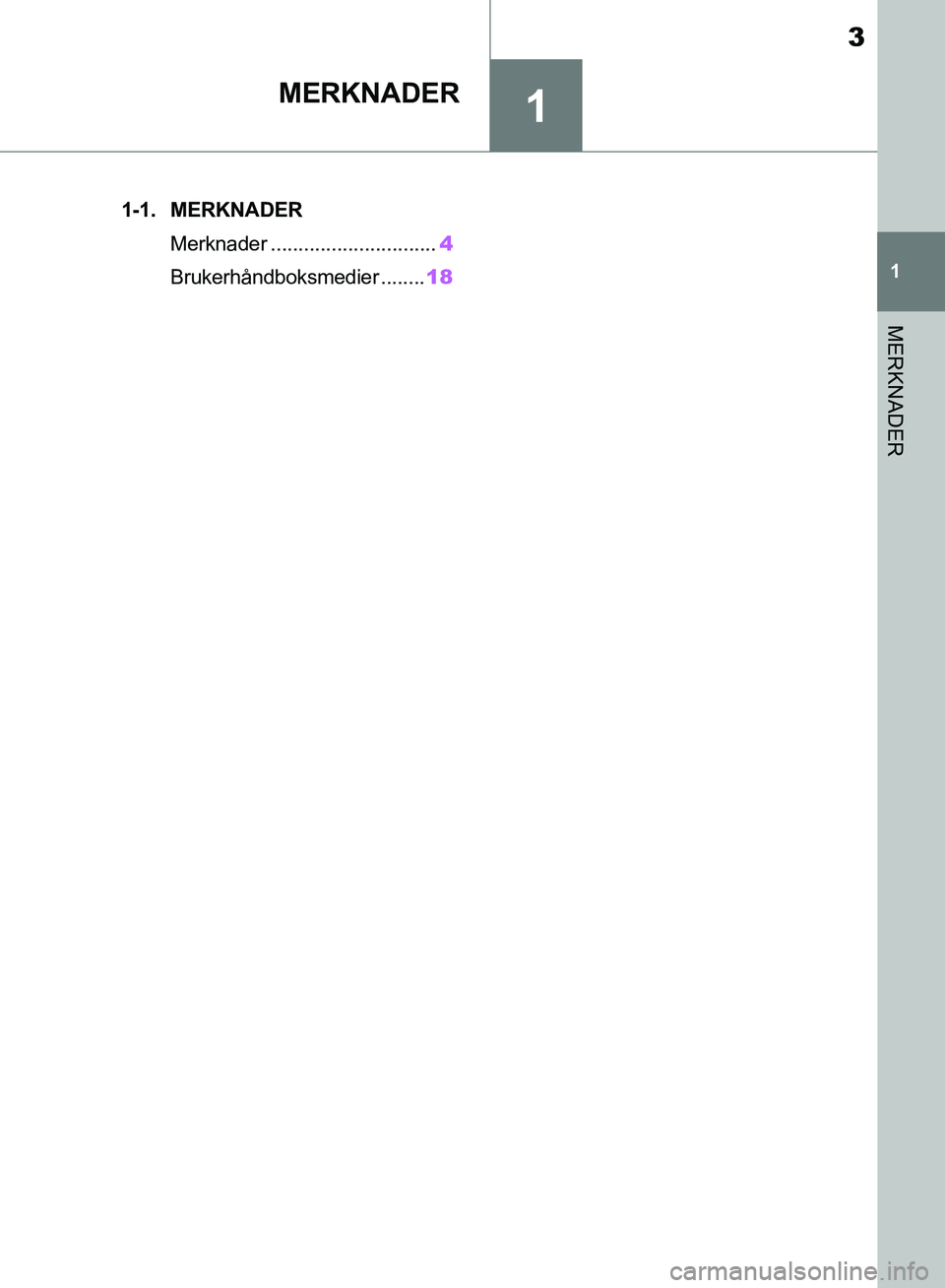 TOYOTA SUPRA 2019 Instruksjoner for bruk (in Norwegian) 1
3
Brukerhåndbok for Supra
1
MERKNADER
MERKNADER
.1-1. MERKNADERMerknader .............................. 4
Brukerhåndboksmedier ........ 18
OM99T05NO.book Page 3 Thursday, May 2, 2019 12:39 PM TOYOTA SUPRA 2019 Instruksjoner for bruk (in Norwegian) 1
3
Brukerhåndbok for Supra
1
MERKNADER
MERKNADER
.1-1. MERKNADERMerknader .............................. 4
Brukerhåndboksmedier ........ 18
OM99T05NO.book Page 3 Thursday, May 2, 2019 12:39 PM