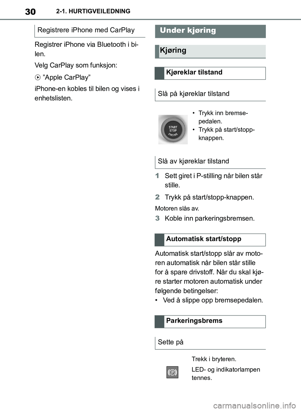 TOYOTA SUPRA 2019 Instruksjoner for bruk (in Norwegian) 30
Brukerhåndbok for Supra2-1. HURTIGVEILEDNING
Registrer iPhone via Bluetooth i bi-
len.
Velg CarPlay som funksjon:
”Apple CarPlay”
iPhone-en kobles til bilen og vises i
enhetslisten.
1Sett gi TOYOTA SUPRA 2019 Instruksjoner for bruk (in Norwegian) 30
Brukerhåndbok for Supra2-1. HURTIGVEILEDNING
Registrer iPhone via Bluetooth i bi-
len.
Velg CarPlay som funksjon:
”Apple CarPlay”
iPhone-en kobles til bilen og vises i
enhetslisten.
1Sett gi