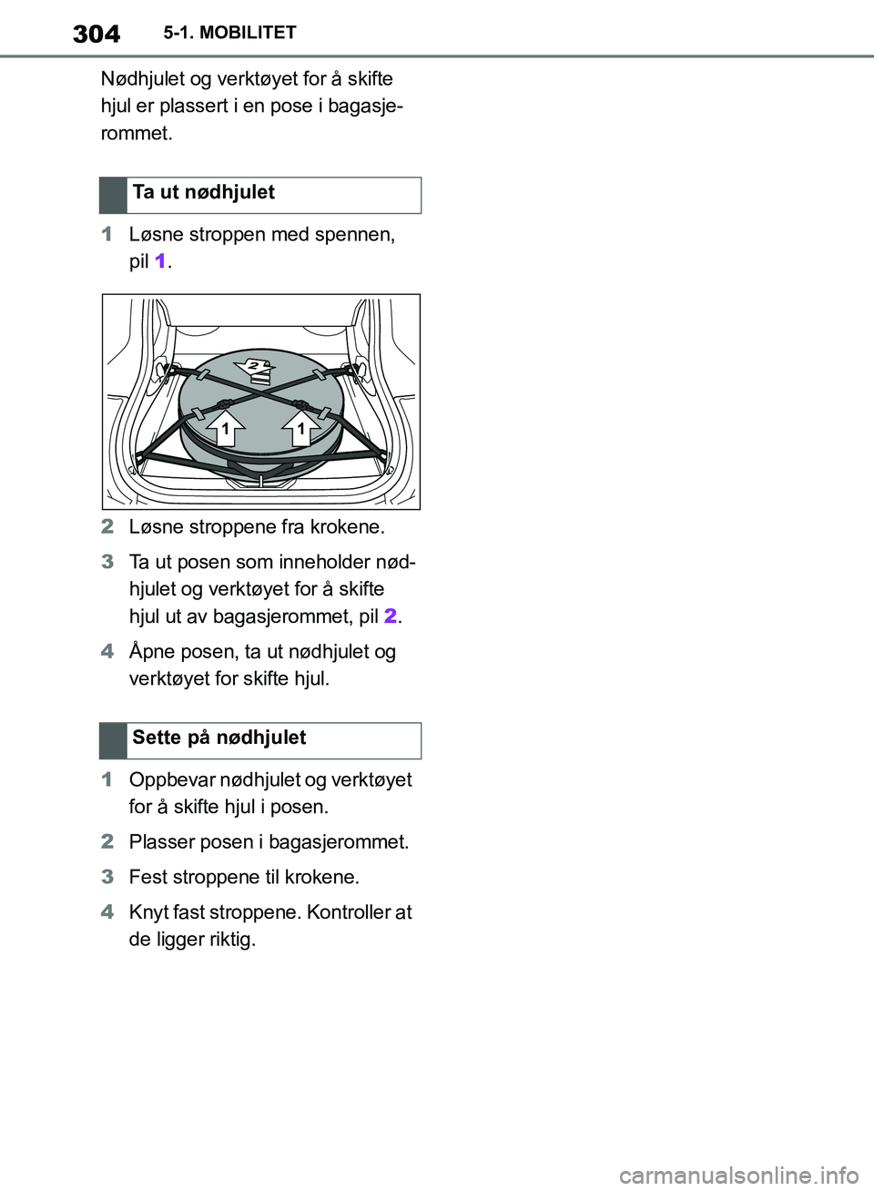 TOYOTA SUPRA 2019 Instruksjoner for bruk (in Norwegian) 304
Brukerhåndbok for Supra5-1. MOBILITET
Nødhjulet og verktøyet for å skifte
hjul er plassert i en pose i bagasje-
rommet.
1
Løsne stroppen med spennen,
pil 1.
2 Løsne stroppene fra krokene.
TOYOTA SUPRA 2019 Instruksjoner for bruk (in Norwegian) 304
Brukerhåndbok for Supra5-1. MOBILITET
Nødhjulet og verktøyet for å skifte
hjul er plassert i en pose i bagasje-
rommet.
1
Løsne stroppen med spennen,
pil 1.
2 Løsne stroppene fra krokene.