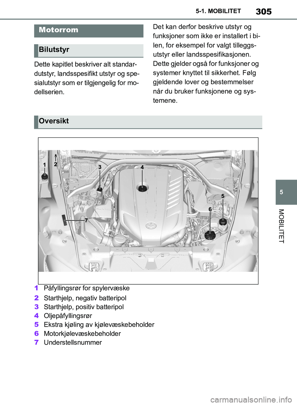 TOYOTA SUPRA 2019 Instruksjoner for bruk (in Norwegian) 305
5
Brukerhåndbok for Supra 5-1. MOBILITET
MOBILITET
Dette kapitlet beskriver alt standar-
dutstyr, landsspesifikt utstyr og spe-
sialutstyr som er tilgjengelig for mo-
dellserien.
Det kan derfor TOYOTA SUPRA 2019 Instruksjoner for bruk (in Norwegian) 305
5
Brukerhåndbok for Supra 5-1. MOBILITET
MOBILITET
Dette kapitlet beskriver alt standar-
dutstyr, landsspesifikt utstyr og spe-
sialutstyr som er tilgjengelig for mo-
dellserien.
Det kan derfor