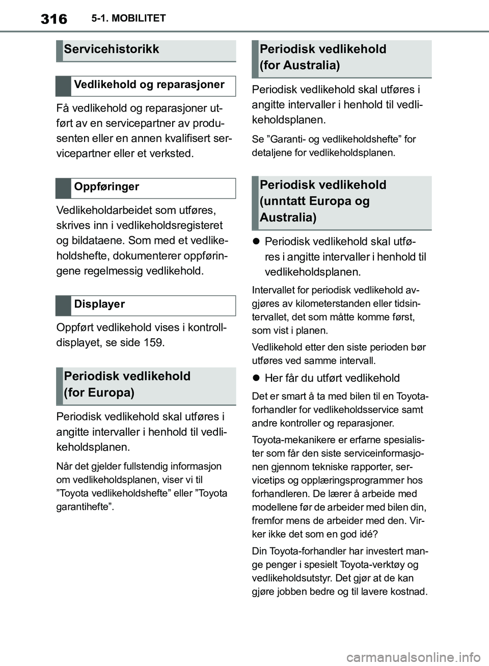 TOYOTA SUPRA 2019 Instruksjoner for bruk (in Norwegian) 316
Brukerhåndbok for Supra5-1. MOBILITET
Få vedlikehold og reparasjoner ut-
ført av en servicepartner av produ-
senten eller en annen kvalifisert ser-
vicepartner eller et verksted.
Vedlikeholdarb TOYOTA SUPRA 2019 Instruksjoner for bruk (in Norwegian) 316
Brukerhåndbok for Supra5-1. MOBILITET
Få vedlikehold og reparasjoner ut-
ført av en servicepartner av produ-
senten eller en annen kvalifisert ser-
vicepartner eller et verksted.
Vedlikeholdarb