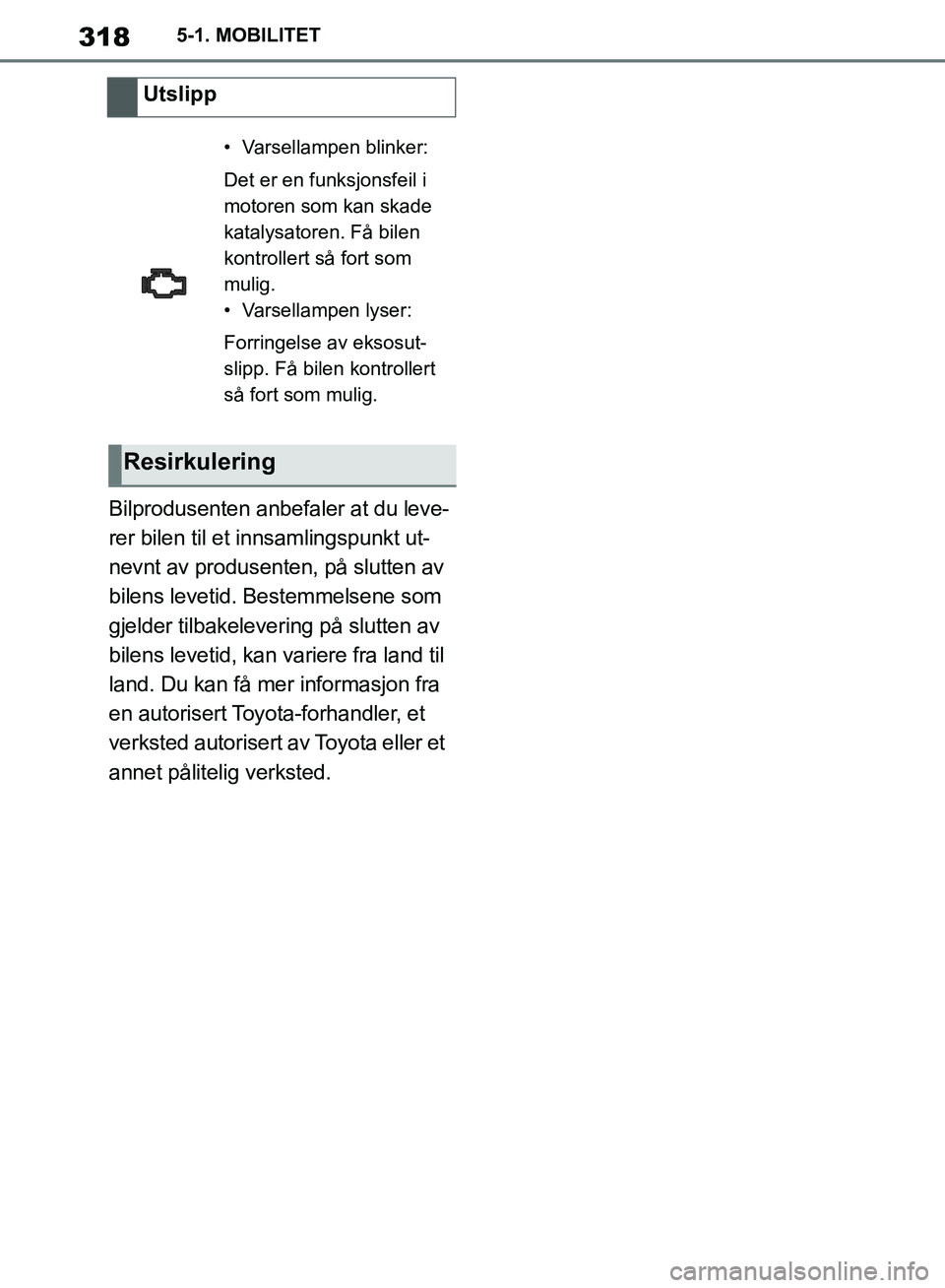 TOYOTA SUPRA 2019 Instruksjoner for bruk (in Norwegian) 318
Brukerhåndbok for Supra5-1. MOBILITET
Bilprodusenten anbefaler at du leve-
rer bilen til et innsamlingspunkt ut-
nevnt av produsenten, på slutten av
bilens levetid. Bestemmelsene som
gjelder t TOYOTA SUPRA 2019 Instruksjoner for bruk (in Norwegian) 318
Brukerhåndbok for Supra5-1. MOBILITET
Bilprodusenten anbefaler at du leve-
rer bilen til et innsamlingspunkt ut-
nevnt av produsenten, på slutten av
bilens levetid. Bestemmelsene som
gjelder t