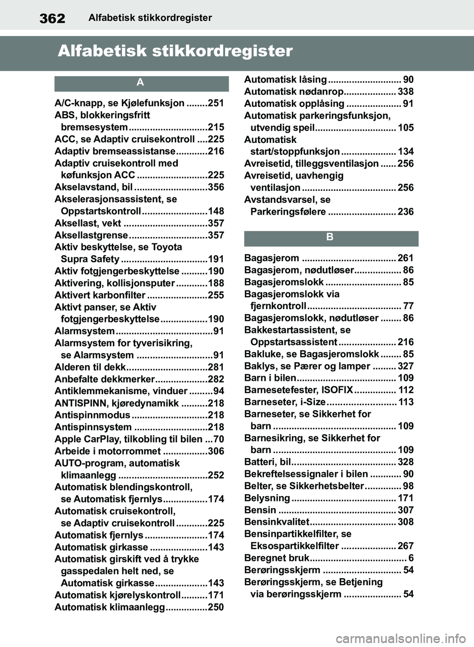 TOYOTA SUPRA 2019 Instruksjoner for bruk (in Norwegian) 362
Brukerhåndbok for SupraAlfabetisk stikkordregister
Alfabetisk stikkordregister
A
A/C-knapp, se Kjølefunksjon ........251
ABS, blokkeringsfritt
bremsesystem ..............................215
ACC TOYOTA SUPRA 2019 Instruksjoner for bruk (in Norwegian) 362
Brukerhåndbok for SupraAlfabetisk stikkordregister
Alfabetisk stikkordregister
A
A/C-knapp, se Kjølefunksjon ........251
ABS, blokkeringsfritt
bremsesystem ..............................215
ACC