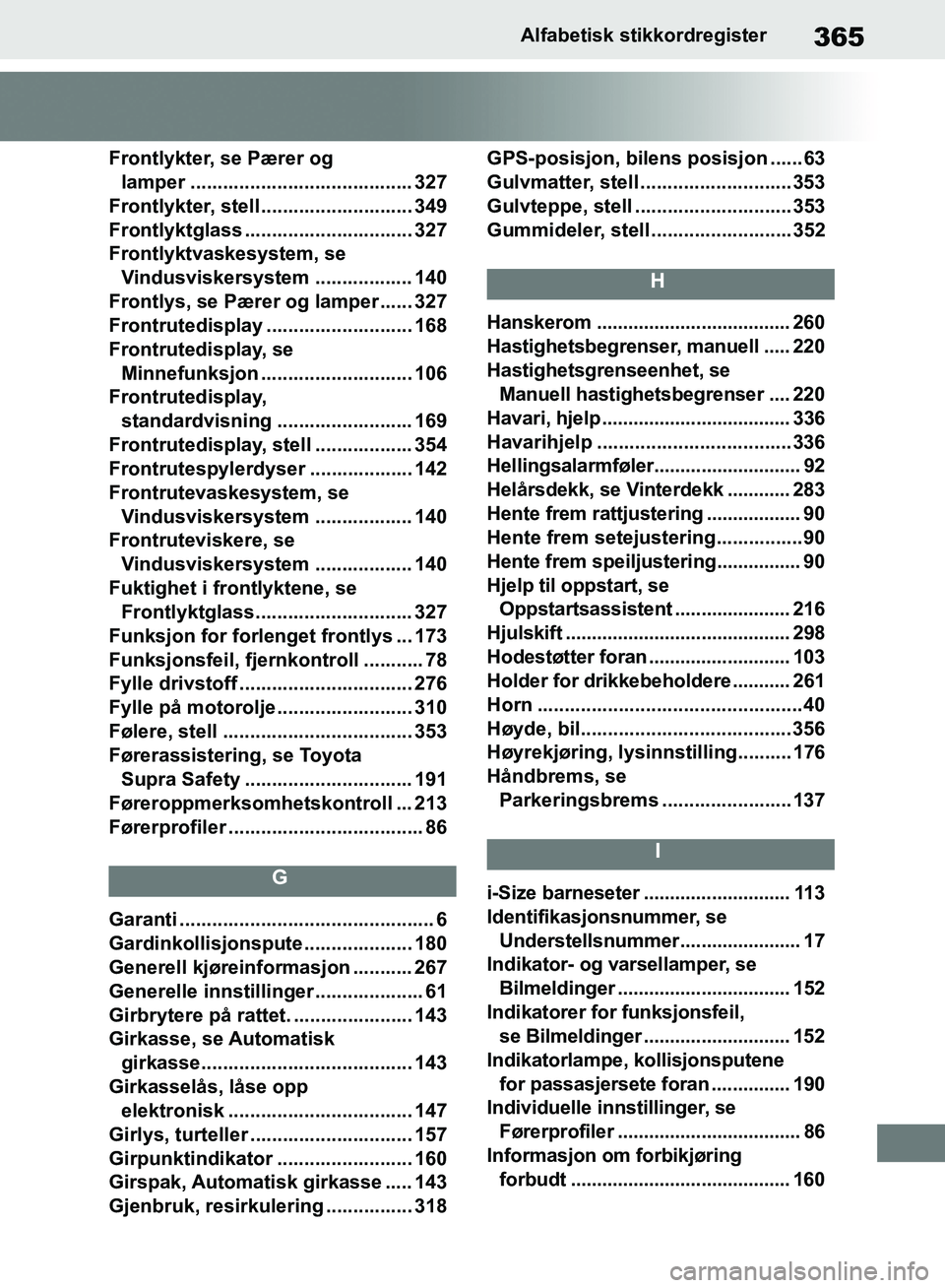 TOYOTA SUPRA 2019 Instruksjoner for bruk (in Norwegian) 365
Brukerhåndbok for SupraAlfabetisk stikkordregister
Frontlykter, se Pærer og
lamper ......................................... 327
Frontlykter, stell ............................ 349
Frontlyktgla TOYOTA SUPRA 2019 Instruksjoner for bruk (in Norwegian) 365
Brukerhåndbok for SupraAlfabetisk stikkordregister
Frontlykter, se Pærer og
lamper ......................................... 327
Frontlykter, stell ............................ 349
Frontlyktgla