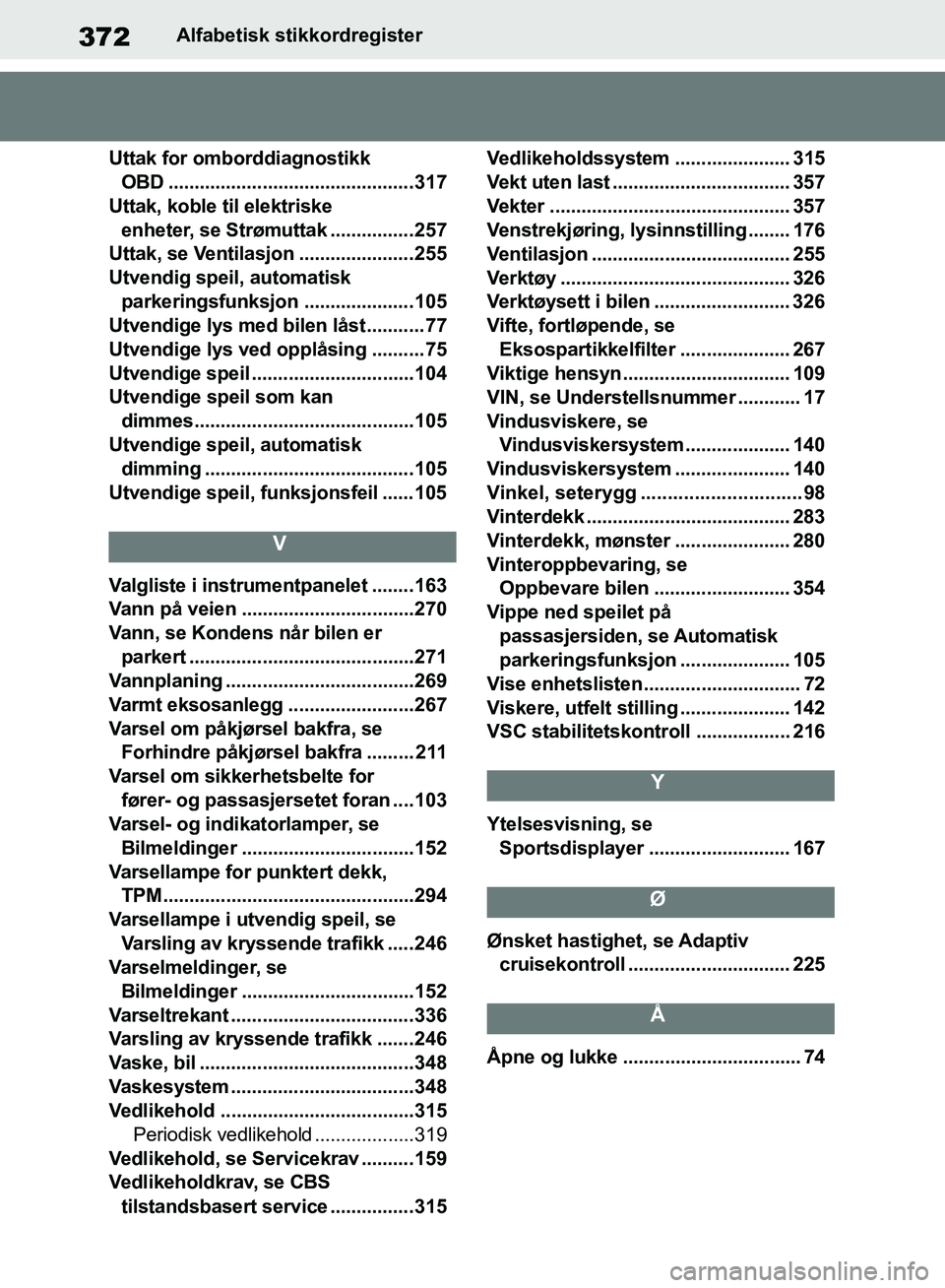 TOYOTA SUPRA 2019  Instruksjoner for bruk (in Norwegian) 372
Brukerhåndbok for SupraAlfabetisk stikkordregister
Uttak for omborddiagnostikk  OBD ...............................................317
Uttak, koble til elektriske  enheter, se Strømuttak .......