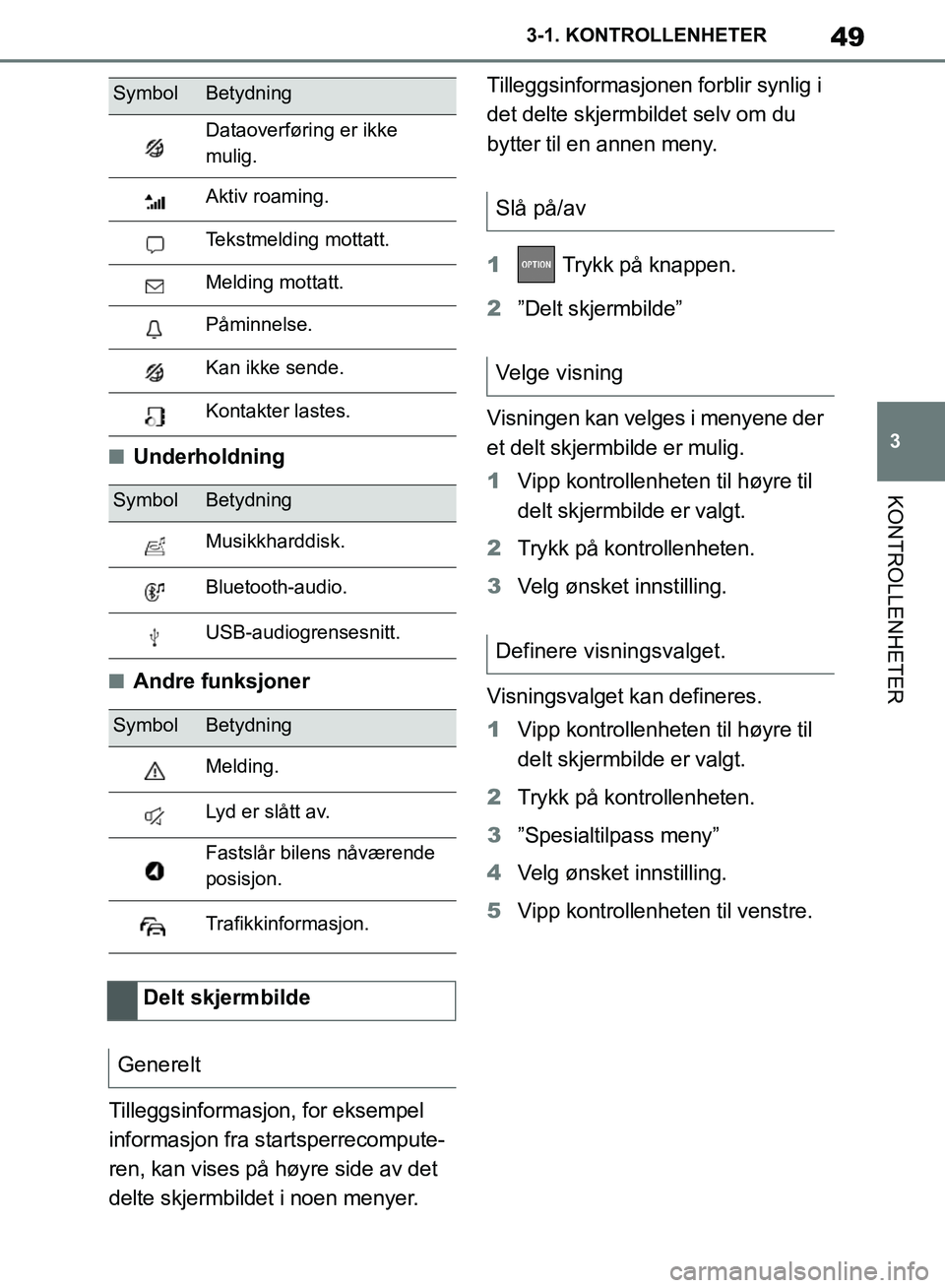 TOYOTA SUPRA 2019  Instruksjoner for bruk (in Norwegian) 49
3
Brukerhåndbok for Supra 3-1. KONTROLLENHETER
KONTROLLENHETER
nUnderholdning
nAndre funksjoner
Tilleggsinformasjon, for eksempel 
informasjon fra startsperrecompute-
ren, kan vises på høyre sid