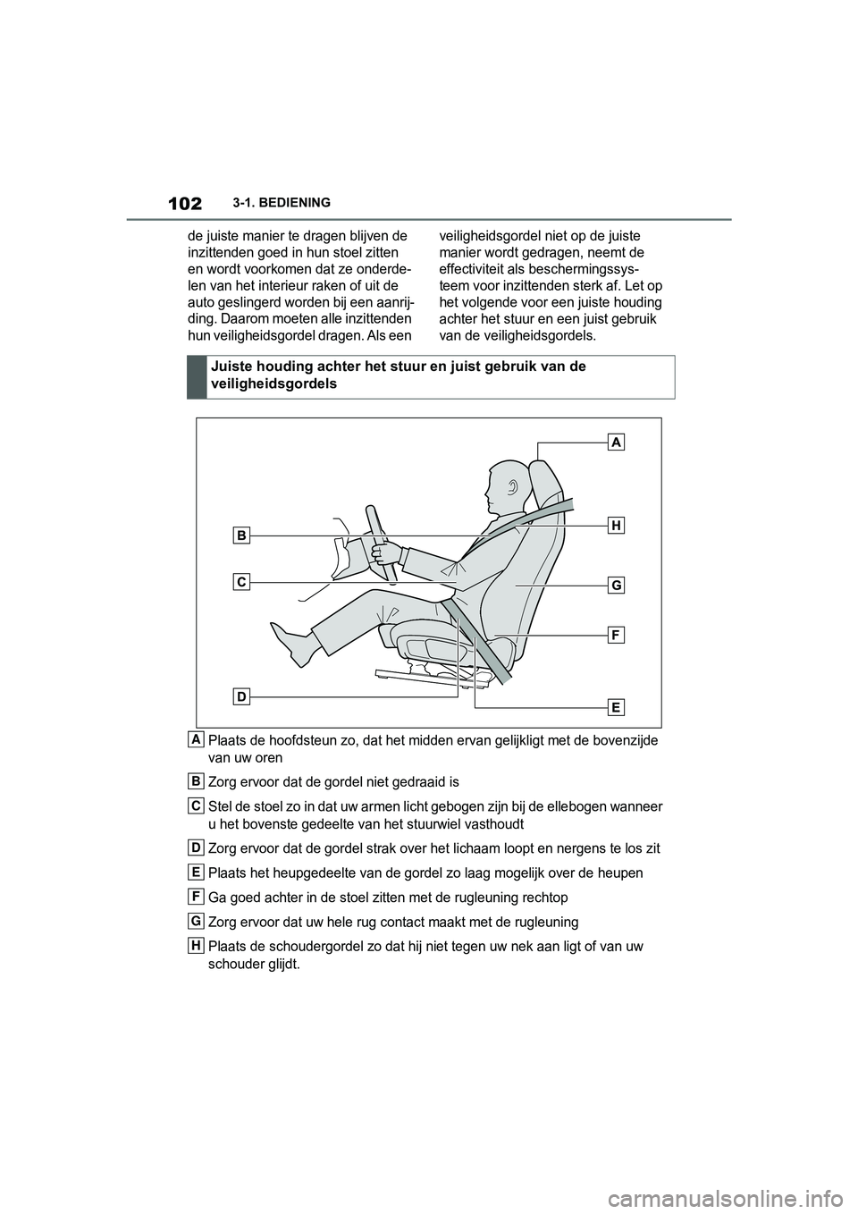 TOYOTA SUPRA 2019 Instructieboekje (in Dutch) 102
Handleiding Supra3-1. BEDIENING
de juiste manier te dragen blijven de
inzittenden goed in hun stoel zitten
en wordt voorkomen dat ze onderde-
len van het interieur raken of uit de
auto geslinge TOYOTA SUPRA 2019 Instructieboekje (in Dutch) 102
Handleiding Supra3-1. BEDIENING
de juiste manier te dragen blijven de
inzittenden goed in hun stoel zitten
en wordt voorkomen dat ze onderde-
len van het interieur raken of uit de
auto geslinge