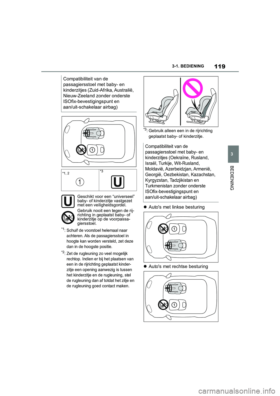 TOYOTA SUPRA 2019 Instructieboekje (in Dutch) 119
3
Handleiding Supra 3-1. BEDIENING
BEDIENING
*1: Schuif de voorst
oel helemaal naar
achteren. Als de passagiersstoel in
hoogte kan worden versteld, zet deze
dan in de hoogste positie.
*2: Zet d TOYOTA SUPRA 2019 Instructieboekje (in Dutch) 119
3
Handleiding Supra 3-1. BEDIENING
BEDIENING
*1: Schuif de voorst
oel helemaal naar
achteren. Als de passagiersstoel in
hoogte kan worden versteld, zet deze
dan in de hoogste positie.
*2: Zet d