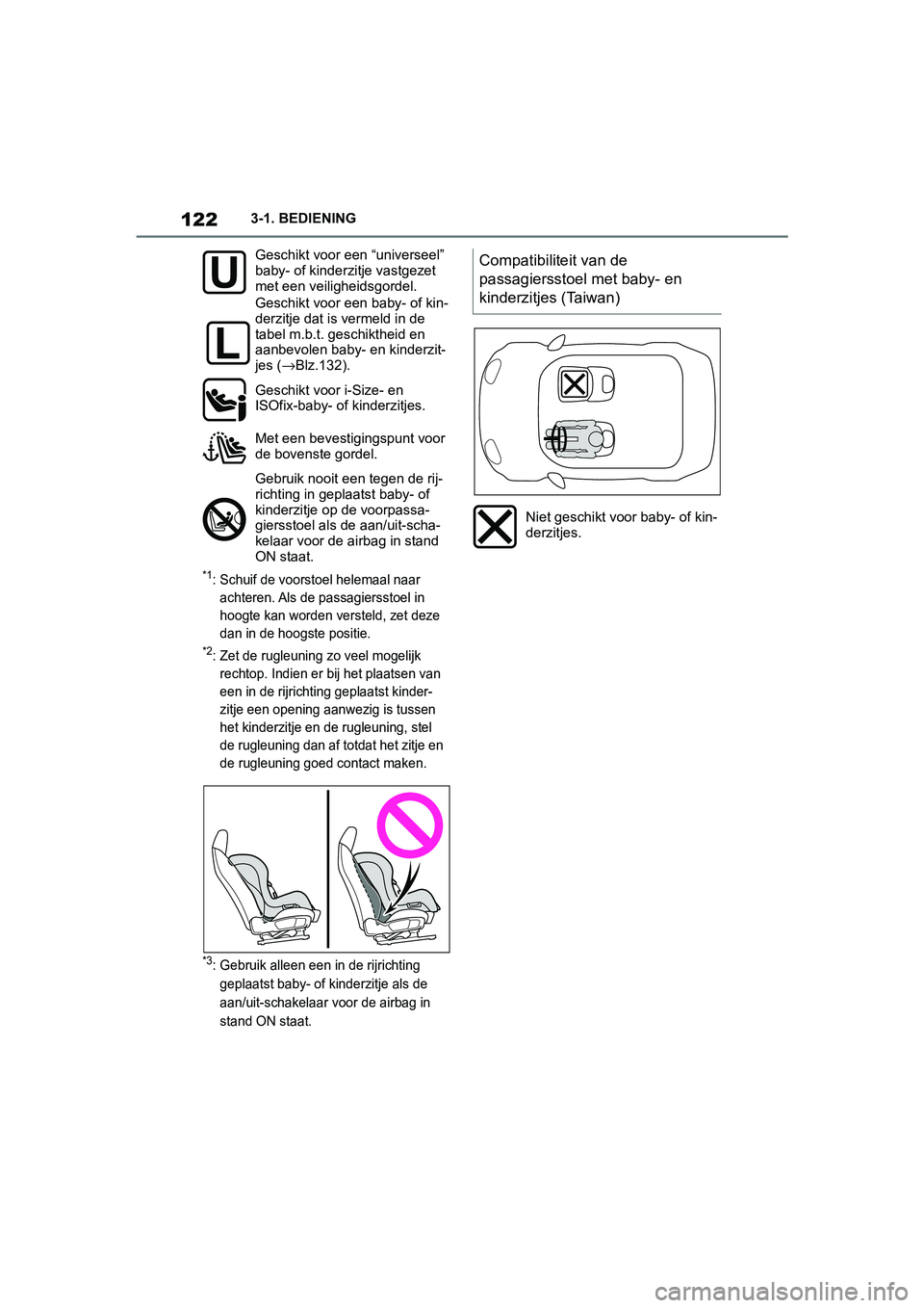TOYOTA SUPRA 2019 Instructieboekje (in Dutch) 122
Handleiding Supra3-1. BEDIENING
*1: Schuif de voorst
oel helemaal naar
achteren. Als de passagiersstoel in
hoogte kan worden versteld, zet deze
dan in de hoogste positie.
*2: Zet de rugleuning TOYOTA SUPRA 2019 Instructieboekje (in Dutch) 122
Handleiding Supra3-1. BEDIENING
*1: Schuif de voorst
oel helemaal naar
achteren. Als de passagiersstoel in
hoogte kan worden versteld, zet deze
dan in de hoogste positie.
*2: Zet de rugleuning