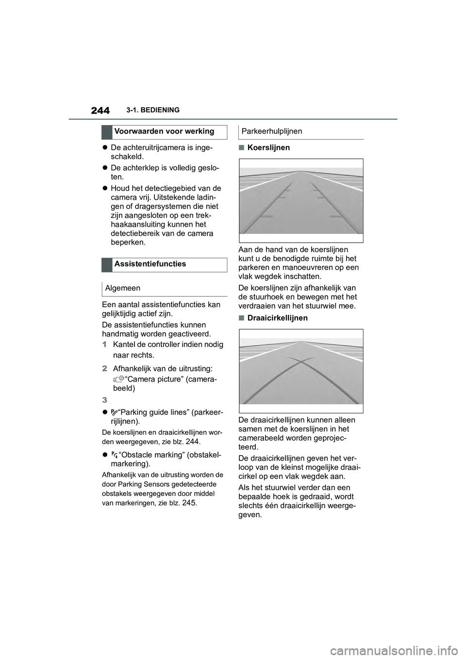TOYOTA SUPRA 2019 Instructieboekje (in Dutch) 244
Handleiding Supra3-1. BEDIENING
De achteruitrijcamera is inge-
schakeld.
De achterklep is volledig geslo-
ten.
Houd het detectiegebied van de
camera vrij. Uitstekende ladin-
gen of dr TOYOTA SUPRA 2019 Instructieboekje (in Dutch) 244
Handleiding Supra3-1. BEDIENING
De achteruitrijcamera is inge-
schakeld.
De achterklep is volledig geslo-
ten.
Houd het detectiegebied van de
camera vrij. Uitstekende ladin-
gen of dr
