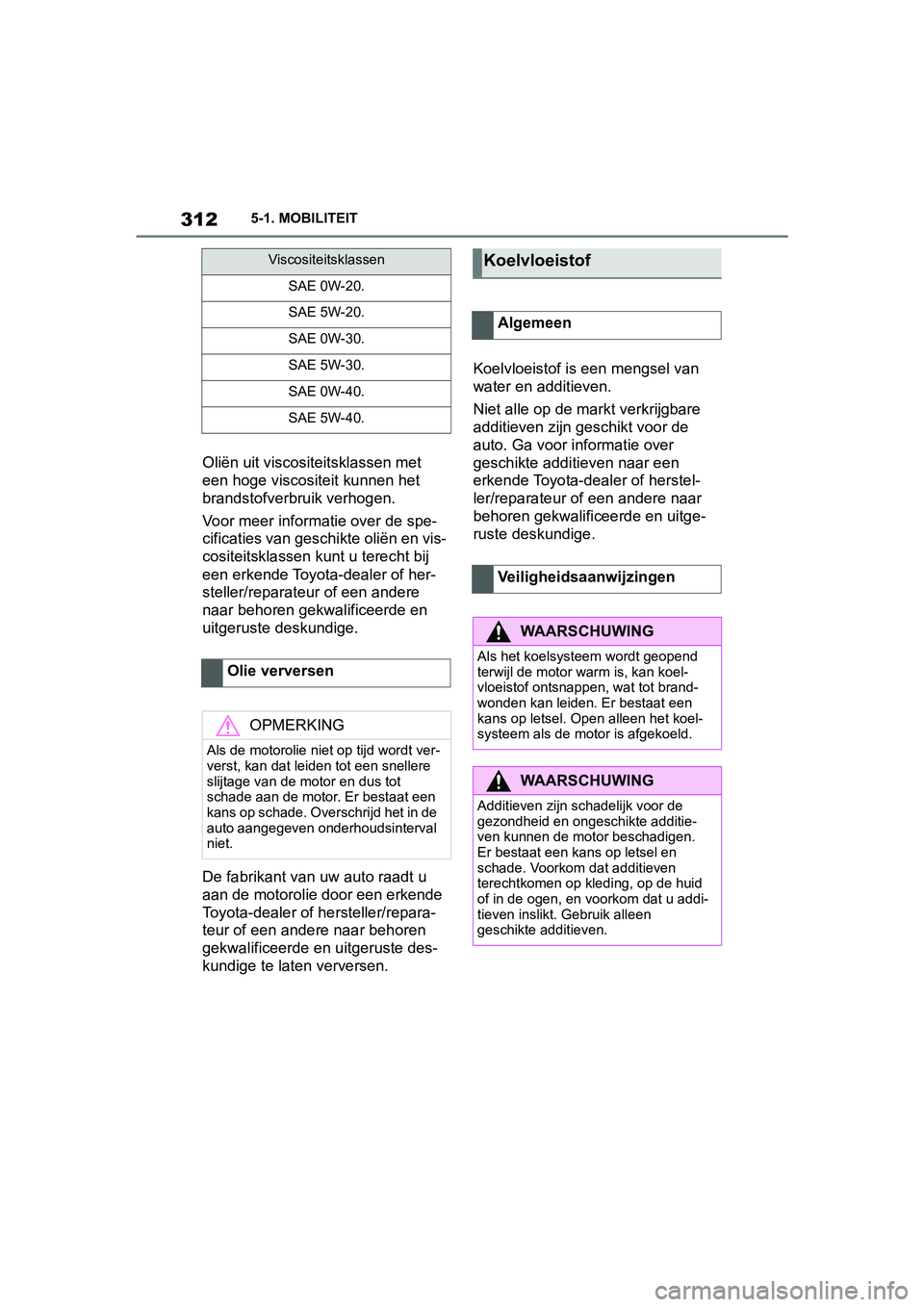 TOYOTA SUPRA 2019 Instructieboekje (in Dutch) 312
Handleiding Supra5-1. MOBILITEIT
Oliën uit viscositeitsklassen met
een hoge viscositeit kunnen het
brandstofverbruik verhogen.
Voor meer informatie over de spe-
cificaties van geschikte oliën TOYOTA SUPRA 2019 Instructieboekje (in Dutch) 312
Handleiding Supra5-1. MOBILITEIT
Oliën uit viscositeitsklassen met
een hoge viscositeit kunnen het
brandstofverbruik verhogen.
Voor meer informatie over de spe-
cificaties van geschikte oliën