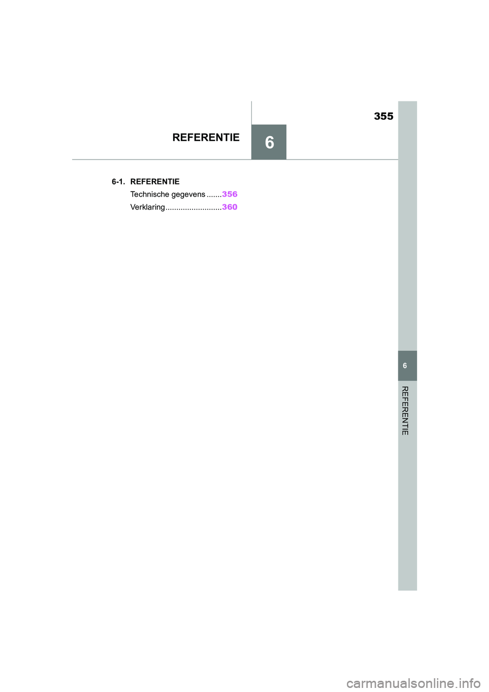 TOYOTA SUPRA 2019 Instructieboekje (in Dutch) 6
355
Handleiding Supra
6
REFERENTIE
REFERENTIE
.6-1. REFERENTIETechnische gegevens ....... 356
Verklaring.......................... 360
Supra_OM_Europe_OM99T05E_1_190 3.book Page 355 Wednesday, Mar TOYOTA SUPRA 2019 Instructieboekje (in Dutch) 6
355
Handleiding Supra
6
REFERENTIE
REFERENTIE
.6-1. REFERENTIETechnische gegevens ....... 356
Verklaring.......................... 360
Supra_OM_Europe_OM99T05E_1_190 3.book Page 355 Wednesday, Mar