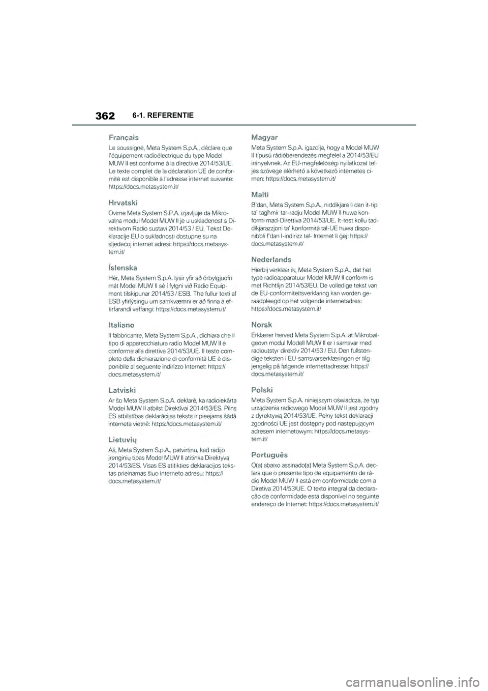 TOYOTA SUPRA 2019  Instructieboekje (in Dutch) 362
Handleiding Supra6-1. REFERENTIE
Supra_OM_Europe_OM99T05E_1_190
3.book  Page 362  Wednesday, March 6, 2019  3:49 PM 