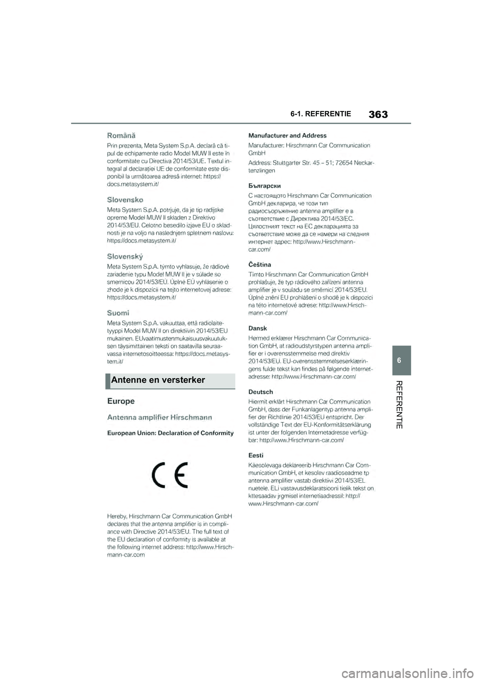 TOYOTA SUPRA 2019  Instructieboekje (in Dutch) 363
6
Handleiding Supra 6-1. REFERENTIE
REFERENTIEAntenne en versterker
Supra_OM_Europe_OM99T05E_1_190
3.book  Page 363  Wednesday, March 6, 2019  3:49 PM 