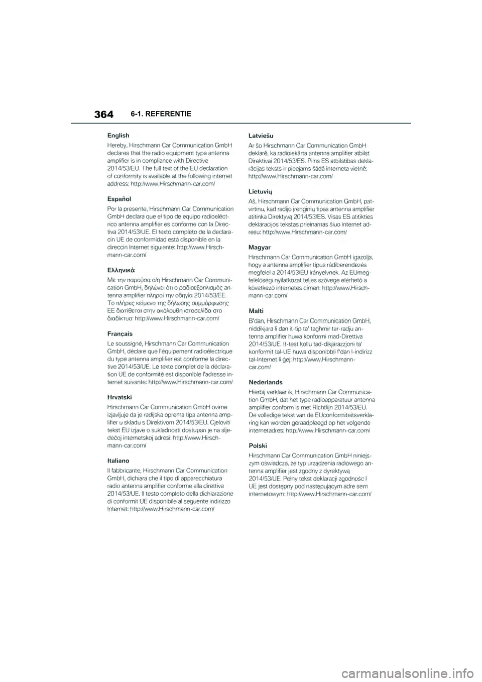 TOYOTA SUPRA 2019  Instructieboekje (in Dutch) 364
Handleiding Supra6-1. REFERENTIE
Supra_OM_Europe_OM99T05E_1_190
3.book  Page 364  Wednesday, March 6, 2019  3:49 PM 