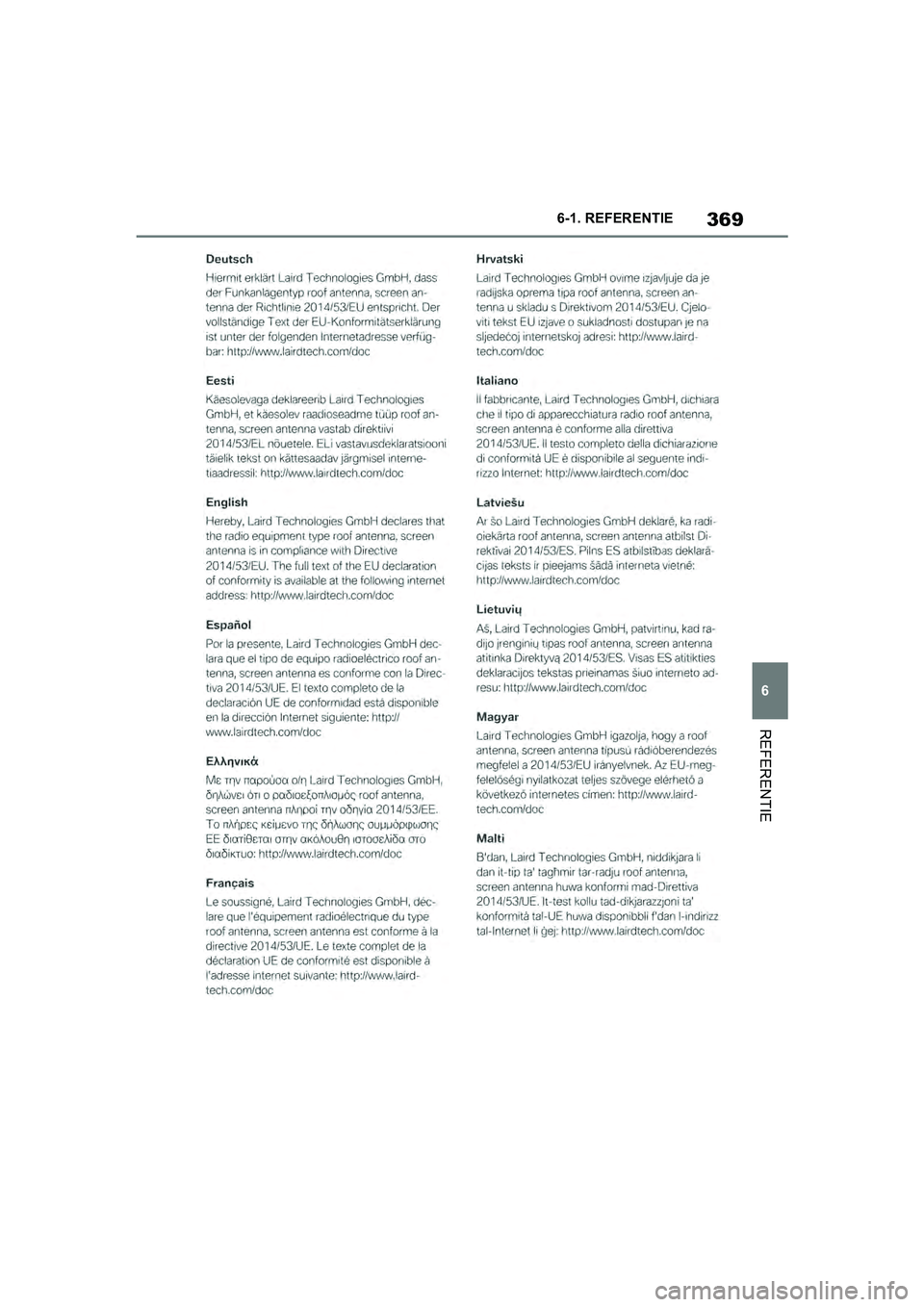 TOYOTA SUPRA 2019  Instructieboekje (in Dutch) 369
6
Handleiding Supra 6-1. REFERENTIE
REFERENTIE
Supra_OM_Europe_OM99T05E_1_190
3.book  Page 369  Wednesday, March 6, 2019  3:49 PM 