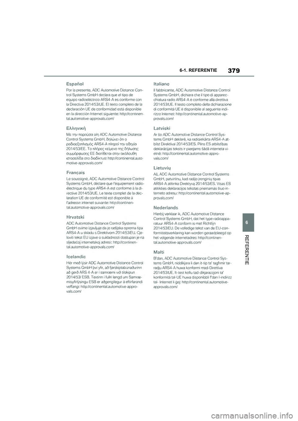 TOYOTA SUPRA 2019  Instructieboekje (in Dutch) 379
6
Handleiding Supra 6-1. REFERENTIE
REFERENTIE
Supra_OM_Europe_OM99T05E_1_190
3.book  Page 379  Wednesday, March 6, 2019  3:49 PM 
