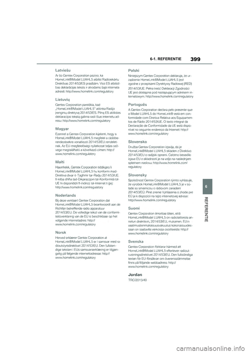 TOYOTA SUPRA 2019  Instructieboekje (in Dutch) 399
6
Handleiding Supra 6-1. REFERENTIE
REFERENTIE
Supra_OM_Europe_OM99T05E_1_190
3.book  Page 399  Wednesday, March 6, 2019  3:49 PM 