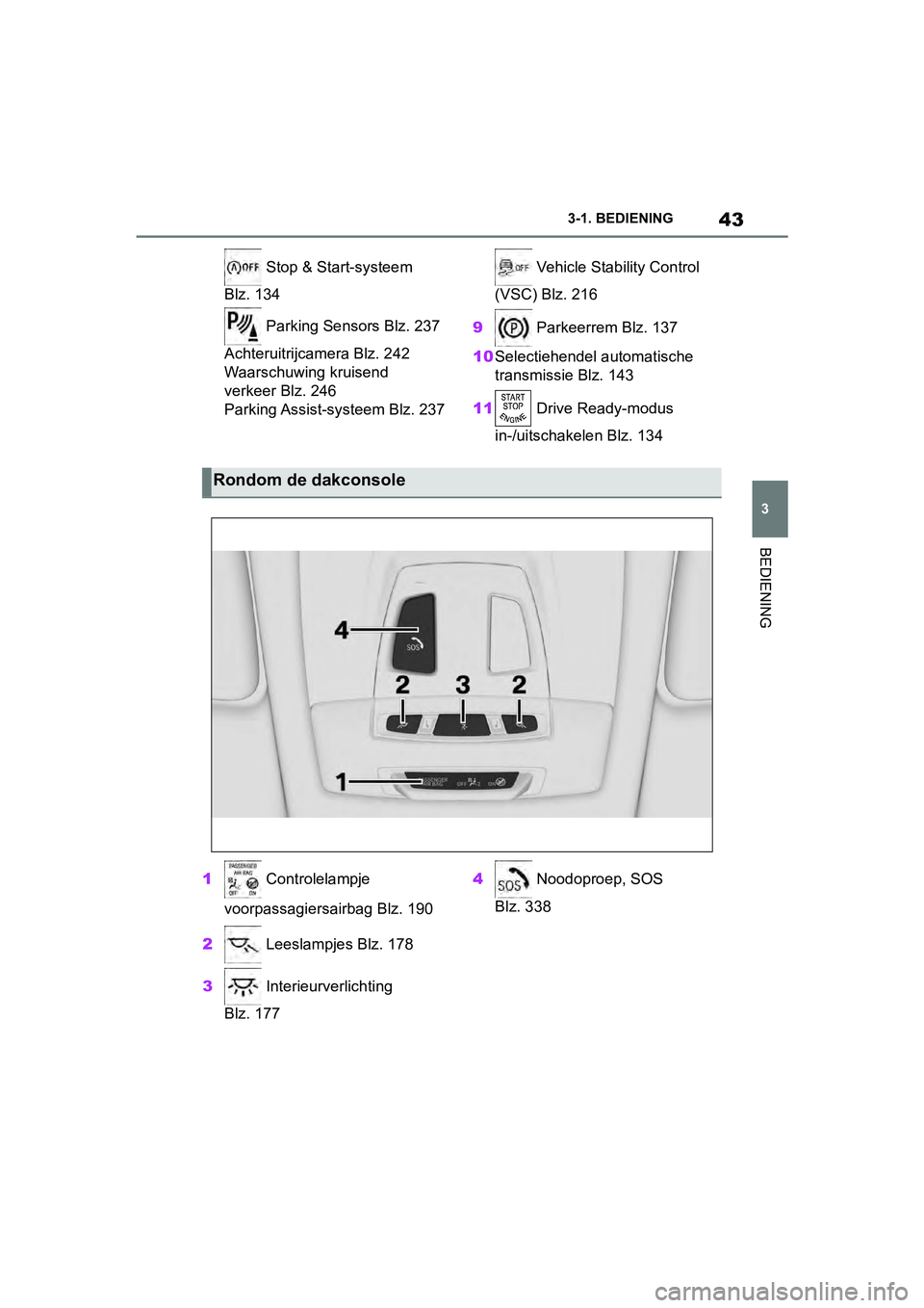 TOYOTA SUPRA 2019 Instructieboekje (in Dutch) 43
3
Handleiding Supra 3-1. BEDIENING
BEDIENING
Stop & Start-systeem
Blz. 134
Parking Sensors Blz. 237
Achteruitrijcamera Blz. 242
Waarschuwing kruisend
verkeer Blz. 246
Parking Assist-systeem Blz TOYOTA SUPRA 2019 Instructieboekje (in Dutch) 43
3
Handleiding Supra 3-1. BEDIENING
BEDIENING
Stop & Start-systeem
Blz. 134
Parking Sensors Blz. 237
Achteruitrijcamera Blz. 242
Waarschuwing kruisend
verkeer Blz. 246
Parking Assist-systeem Blz
