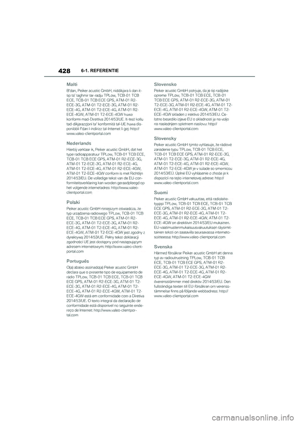 TOYOTA SUPRA 2019  Instructieboekje (in Dutch) 428
Handleiding Supra6-1. REFERENTIE
Supra_OM_Europe_OM99T05E_1_190
3.book  Page 428  Wednesday, March 6, 2019  3:49 PM 