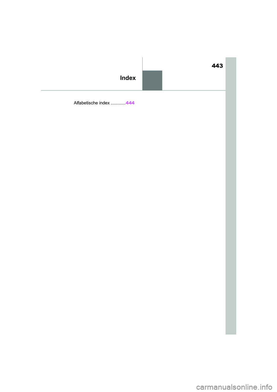TOYOTA SUPRA 2019 Instructieboekje (in Dutch) 443
Handleiding Supra
Index
.Alfabetische index ............444
Supra_OM_Europe_OM99T05E_1_190 3.book Page 443 Wednesday, March 6, 2019 3:49 PM TOYOTA SUPRA 2019 Instructieboekje (in Dutch) 443
Handleiding Supra
Index
.Alfabetische index ............444
Supra_OM_Europe_OM99T05E_1_190 3.book Page 443 Wednesday, March 6, 2019 3:49 PM