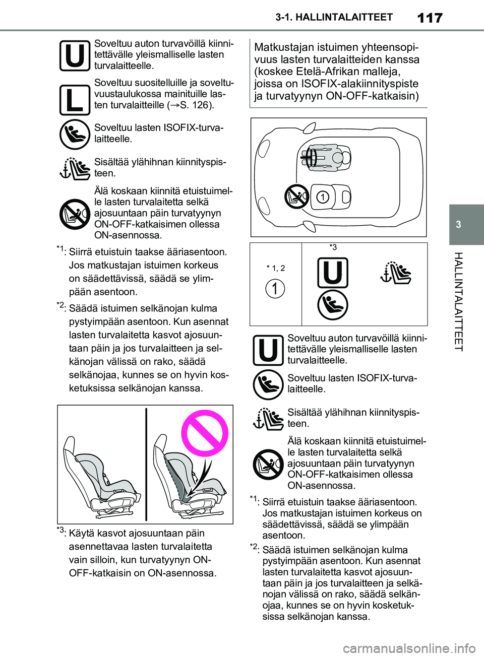 TOYOTA SUPRA 2019 Omistajan Käsikirja (in Finnish) 117
3
Supran omistajan käsikirja 3-1. HALLINTALAITTEET
HALLINTALAITTEET*1: Siirrä etuistuin taakse ääriasentoon.
Jos matkustajan is tuimen korkeus
on säädettävissä, säädä se ylim-
pään TOYOTA SUPRA 2019 Omistajan Käsikirja (in Finnish) 117
3
Supran omistajan käsikirja 3-1. HALLINTALAITTEET
HALLINTALAITTEET*1: Siirrä etuistuin taakse ääriasentoon.
Jos matkustajan is tuimen korkeus
on säädettävissä, säädä se ylim-
pään