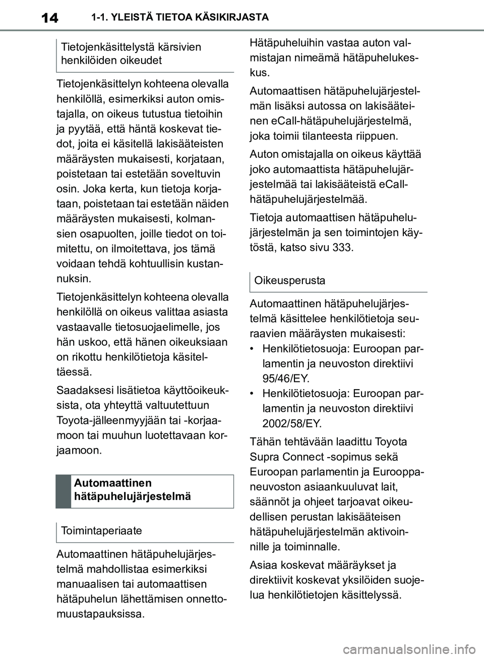 TOYOTA SUPRA 2019 Omistajan Käsikirja (in Finnish) 14
Supran omistajan käsikirja1-1. YLEISTÄ TIETOA KÄSIKIRJASTA
Tietojenkäsittelyn kohteena olevalla
henkilöllä, esimerkiksi auton omis-
tajalla, on oikeus tutustua tietoihin
ja pyytää, että TOYOTA SUPRA 2019 Omistajan Käsikirja (in Finnish) 14
Supran omistajan käsikirja1-1. YLEISTÄ TIETOA KÄSIKIRJASTA
Tietojenkäsittelyn kohteena olevalla
henkilöllä, esimerkiksi auton omis-
tajalla, on oikeus tutustua tietoihin
ja pyytää, että