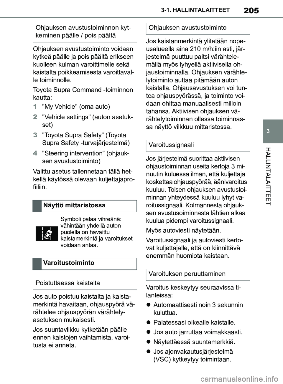 TOYOTA SUPRA 2019 Omistajan Käsikirja (in Finnish) 205
3
Supran omistajan käsikirja 3-1. HALLINTALAITTEET
HALLINTALAITTEET
Ohjauksen avustustoiminto voidaan
kytkeä päälle ja pois päältä erikseen
kuolleen kulman varoittimelle sekä
kaistalta TOYOTA SUPRA 2019 Omistajan Käsikirja (in Finnish) 205
3
Supran omistajan käsikirja 3-1. HALLINTALAITTEET
HALLINTALAITTEET
Ohjauksen avustustoiminto voidaan
kytkeä päälle ja pois päältä erikseen
kuolleen kulman varoittimelle sekä
kaistalta