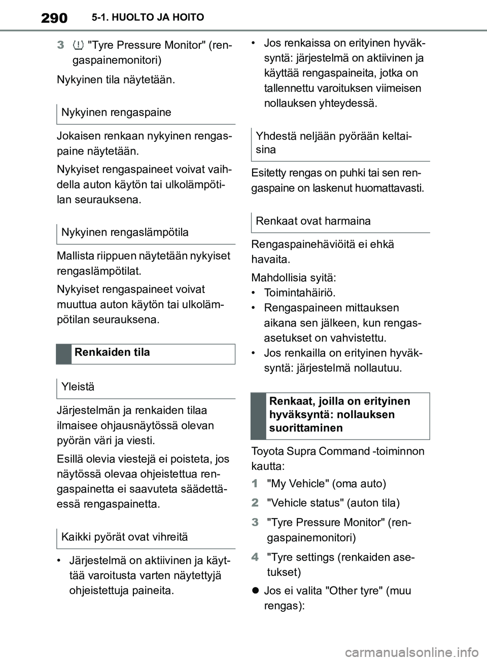 TOYOTA SUPRA 2019 Omistajan Käsikirja (in Finnish) 290
Supran omistajan käsikirja5-1. HUOLTO JA HOITO
3
"Tyre Pressure Monitor" (ren-
gaspainemonitori)
Nykyinen tila näytetään.
Jokaisen renkaan nykyinen rengas-
paine näytetään.
Nykyiset rengas TOYOTA SUPRA 2019 Omistajan Käsikirja (in Finnish) 290
Supran omistajan käsikirja5-1. HUOLTO JA HOITO
3
"Tyre Pressure Monitor" (ren-
gaspainemonitori)
Nykyinen tila näytetään.
Jokaisen renkaan nykyinen rengas-
paine näytetään.
Nykyiset rengas