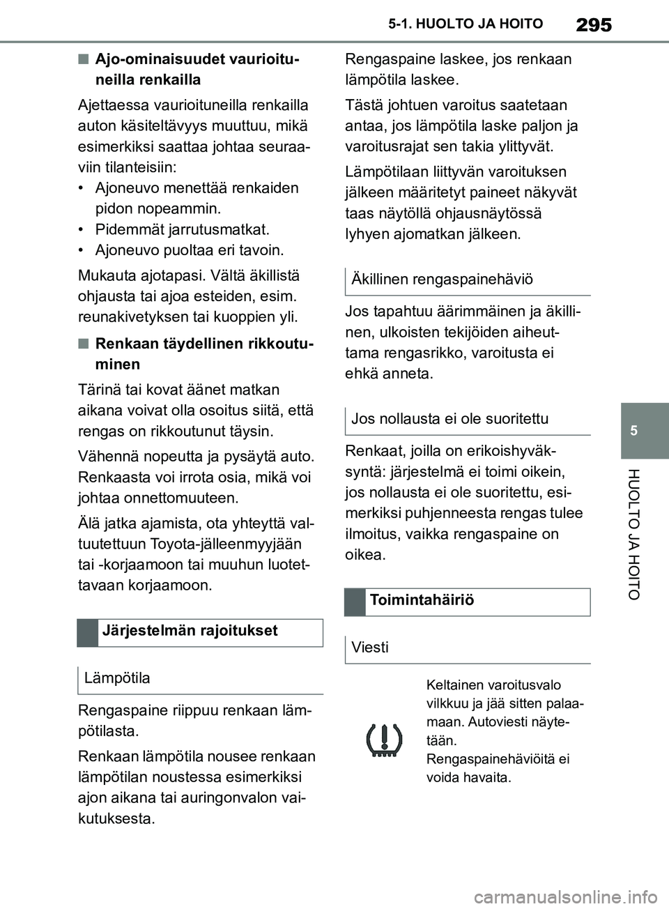 TOYOTA SUPRA 2019 Omistajan Käsikirja (in Finnish) 295
5
Supran omistajan käsikirja 5-1. HUOLTO JA HOITO
HUOLTO JA HOITO
nAjo-ominaisuudet vaurioitu-
neilla renkailla
Ajettaessa vaurio ituneilla renkailla
auton käsiteltävyys muuttuu, mikä
esimer TOYOTA SUPRA 2019 Omistajan Käsikirja (in Finnish) 295
5
Supran omistajan käsikirja 5-1. HUOLTO JA HOITO
HUOLTO JA HOITO
nAjo-ominaisuudet vaurioitu-
neilla renkailla
Ajettaessa vaurio ituneilla renkailla
auton käsiteltävyys muuttuu, mikä
esimer