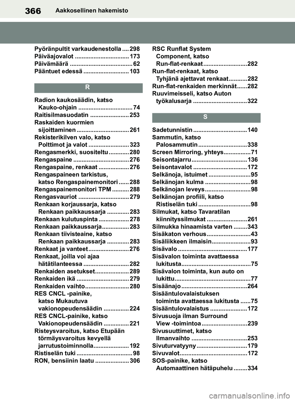 TOYOTA SUPRA 2019  Omistajan Käsikirja (in Finnish) 366
Supran omistajan käsikirjaAakkosellinen hakemisto
Pyöränpultit varkaudenestolla .... 298
Päiväajovalot ................................ 173
Päivämäärä ...................................