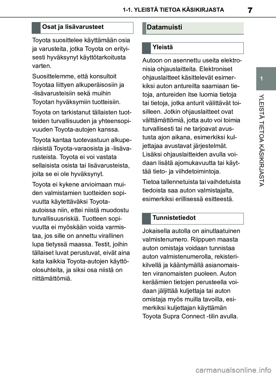 TOYOTA SUPRA 2019  Omistajan Käsikirja (in Finnish) 7
1
Supran omistajan käsikirja 1-1. YLEISTÄ TIETOA KÄSIKIRJASTA
YLEISTÄ TIETOA KÄSIKIRJASTA
Toyota suosittelee käyttämään osia 
ja varusteita, jotka Toyota on erityi-
sesti hyväksynyt käytt
