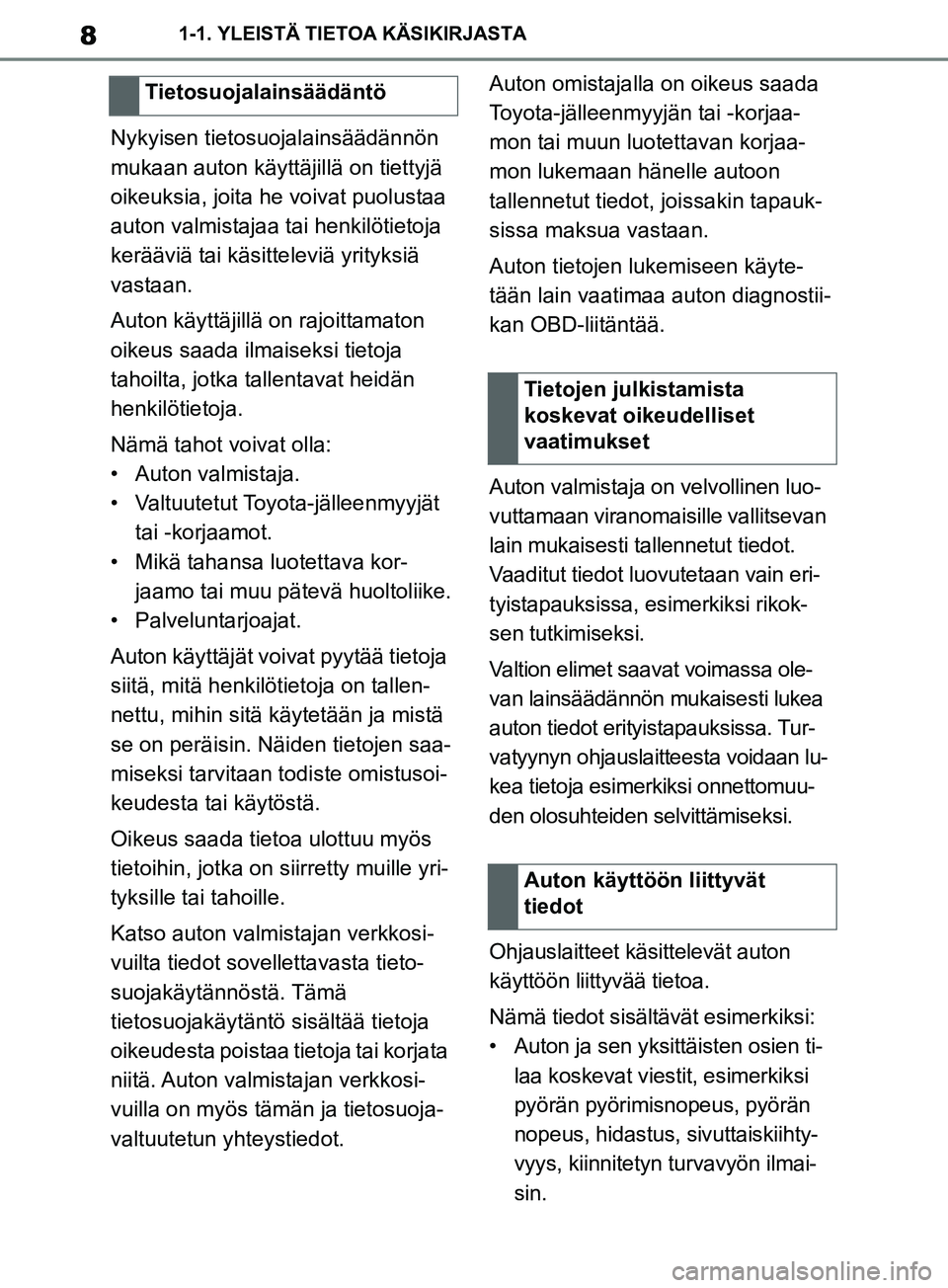 TOYOTA SUPRA 2019  Omistajan Käsikirja (in Finnish) 8
Supran omistajan käsikirja1-1. YLEISTÄ TIETOA KÄSIKIRJASTA
Nykyisen tietosuojalainsäädännön 
mukaan auton käyttäjillä on tiettyjä 
oikeuksia, joita he voivat puolustaa 
auton valmistajaa 