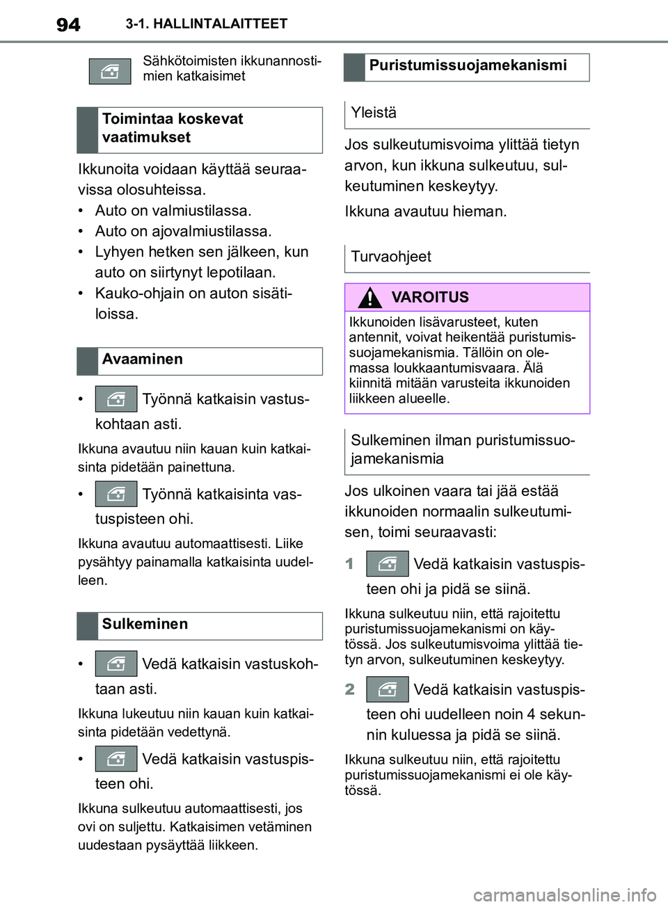 TOYOTA SUPRA 2019 Omistajan Käsikirja (in Finnish) 94
Supran omistajan käsikirja3-1. HALLINTALAITTEET
Ikkunoita voidaan käyttää seuraa-
vissa olosuhteissa.
• Auto on valmiustilassa.
• Auto on ajovalmiustilassa.
• Lyhyen hetken sen jälkeen, TOYOTA SUPRA 2019 Omistajan Käsikirja (in Finnish) 94
Supran omistajan käsikirja3-1. HALLINTALAITTEET
Ikkunoita voidaan käyttää seuraa-
vissa olosuhteissa.
• Auto on valmiustilassa.
• Auto on ajovalmiustilassa.
• Lyhyen hetken sen jälkeen,