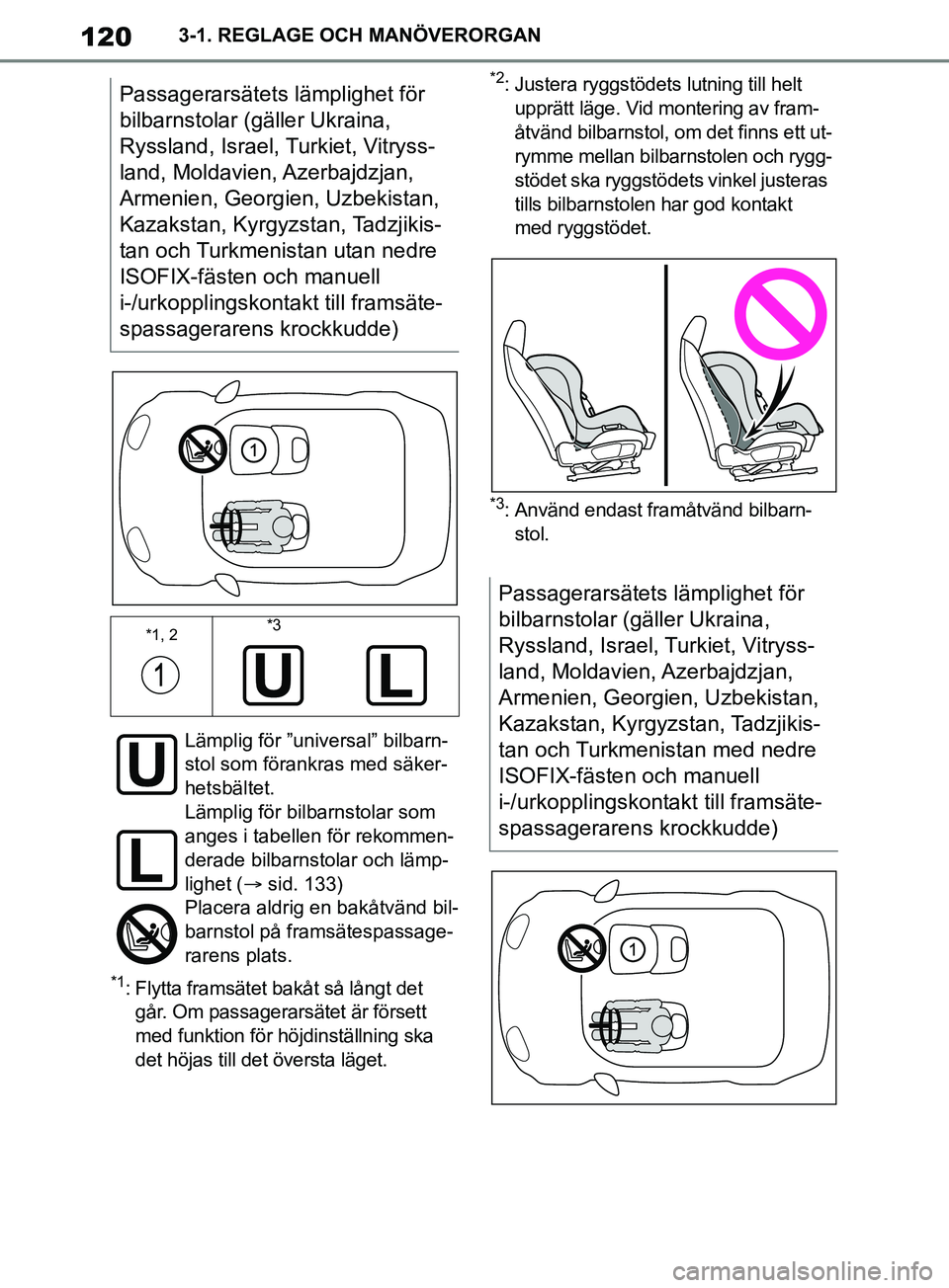 TOYOTA SUPRA 2019 Bruksanvisningar (in Swedish) 120
Supras instruktionsbok3-1. REGLAGE OCH MANÖVERORGAN
*1: Flytta framsätet bakåt så långt det
går. Om passagerarsätet är försett
med funktion för höjdinställning ska
det höjas till d TOYOTA SUPRA 2019 Bruksanvisningar (in Swedish) 120
Supras instruktionsbok3-1. REGLAGE OCH MANÖVERORGAN
*1: Flytta framsätet bakåt så långt det
går. Om passagerarsätet är försett
med funktion för höjdinställning ska
det höjas till d