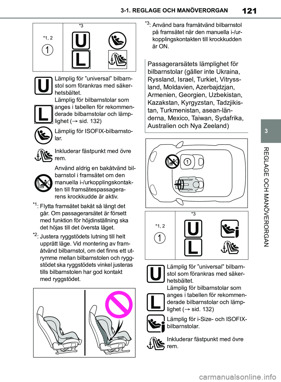 TOYOTA SUPRA 2019 Bruksanvisningar (in Swedish) 121
3
Supras instruktionsbok 3-1. REGLAGE O
CH MANÖVERORGAN
REGLAGE OCH MANÖVERORGAN
*1: Flytta framsätet bakåt så långt det
går. Om passagerarsätet är försett
med funktion för höjdinst TOYOTA SUPRA 2019 Bruksanvisningar (in Swedish) 121
3
Supras instruktionsbok 3-1. REGLAGE O
CH MANÖVERORGAN
REGLAGE OCH MANÖVERORGAN
*1: Flytta framsätet bakåt så långt det
går. Om passagerarsätet är försett
med funktion för höjdinst