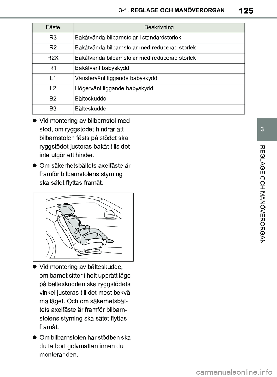 TOYOTA SUPRA 2019 Bruksanvisningar (in Swedish) 125
3
Supras instruktionsbok 3-1. REGLAGE O
CH MANÖVERORGAN
REGLAGE OCH MANÖVERORGAN
Vid montering av bilbarnstol med
stöd, om ryggstödet hindrar att
bilbarnstolen fästs på stödet ska
ryg TOYOTA SUPRA 2019 Bruksanvisningar (in Swedish) 125
3
Supras instruktionsbok 3-1. REGLAGE O
CH MANÖVERORGAN
REGLAGE OCH MANÖVERORGAN
Vid montering av bilbarnstol med
stöd, om ryggstödet hindrar att
bilbarnstolen fästs på stödet ska
ryg