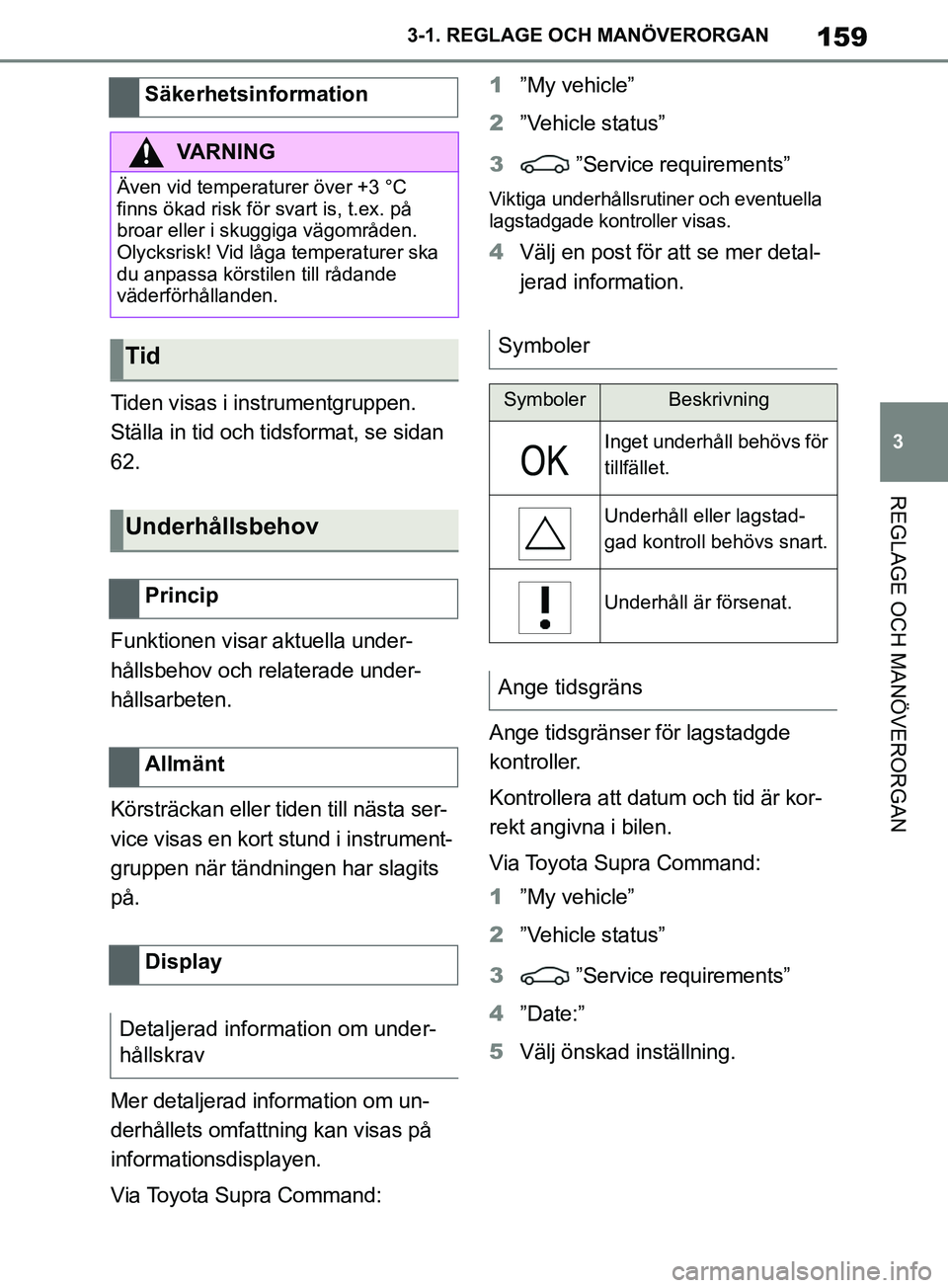 TOYOTA SUPRA 2019  Bruksanvisningar (in Swedish) 159
3
Supras instruktionsbok 3-1. REGLAGE O
CH MANÖVERORGAN
REGLAGE OCH MANÖVERORGAN
Tiden visas i instrumentgruppen. 
Ställa in tid och tidsformat, se sidan 
62.
Funktionen visar aktuella under-
h