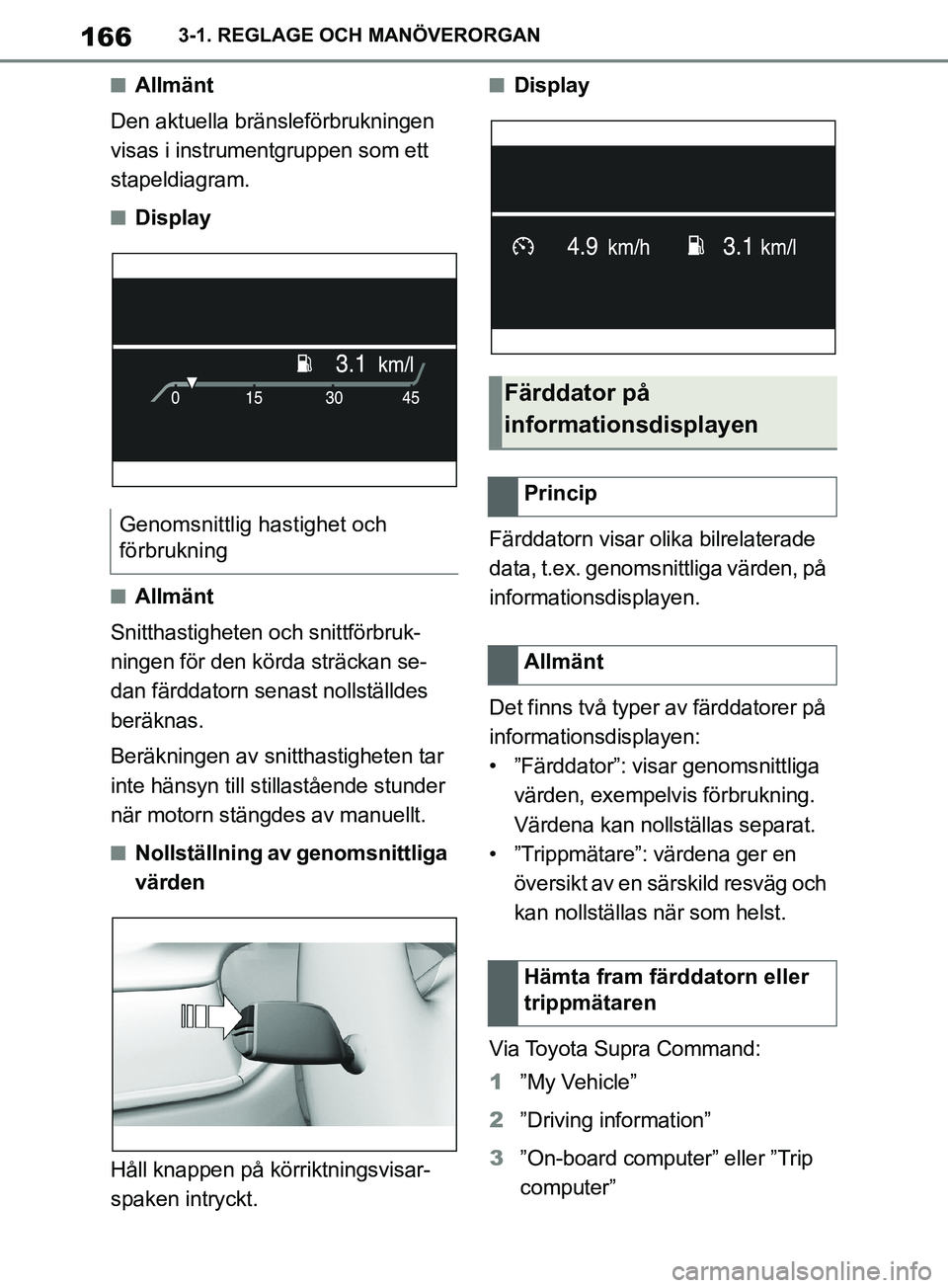 TOYOTA SUPRA 2019 Bruksanvisningar (in Swedish) 166
Supras instruktionsbok3-1. REGLAGE OCH MANÖVERORGAN
nAllmänt
Den aktuella bränsleförbrukningen
visas i instrumentgruppen som ett
stapeldiagram.
nDisplay
nAllmänt
Snitthastigheten och snittf TOYOTA SUPRA 2019 Bruksanvisningar (in Swedish) 166
Supras instruktionsbok3-1. REGLAGE OCH MANÖVERORGAN
nAllmänt
Den aktuella bränsleförbrukningen
visas i instrumentgruppen som ett
stapeldiagram.
nDisplay
nAllmänt
Snitthastigheten och snittf