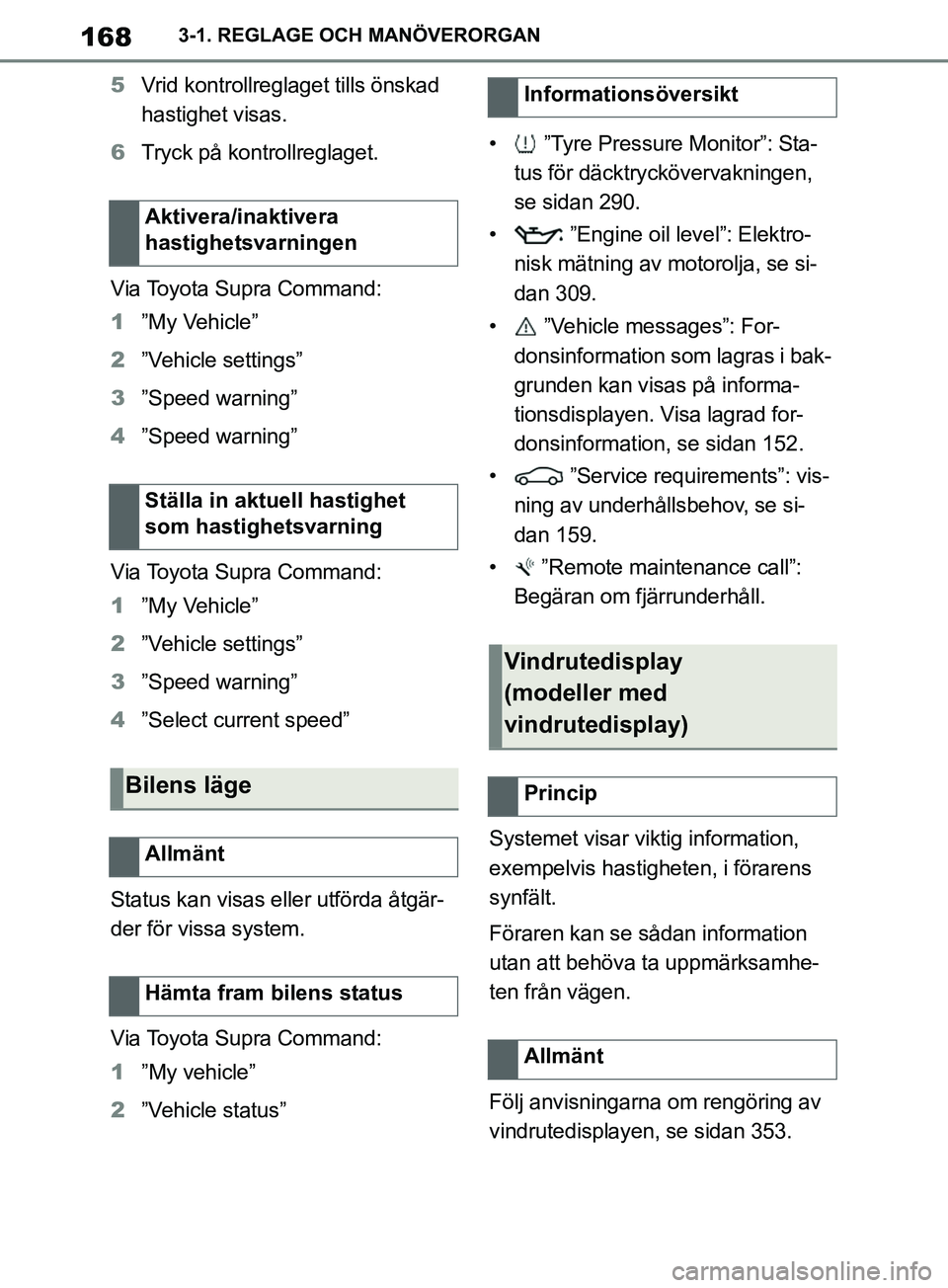 TOYOTA SUPRA 2019 Bruksanvisningar (in Swedish) 168
Supras instruktionsbok3-1. REGLAGE OCH MANÖVERORGAN
5
Vrid kontrollreglaget tills önskad
hastighet visas.
6 Tryck på kontrollreglaget.
Via Toyota Supra Command:
1 ”My Vehicle”
2 ”Vehicle TOYOTA SUPRA 2019 Bruksanvisningar (in Swedish) 168
Supras instruktionsbok3-1. REGLAGE OCH MANÖVERORGAN
5
Vrid kontrollreglaget tills önskad
hastighet visas.
6 Tryck på kontrollreglaget.
Via Toyota Supra Command:
1 ”My Vehicle”
2 ”Vehicle