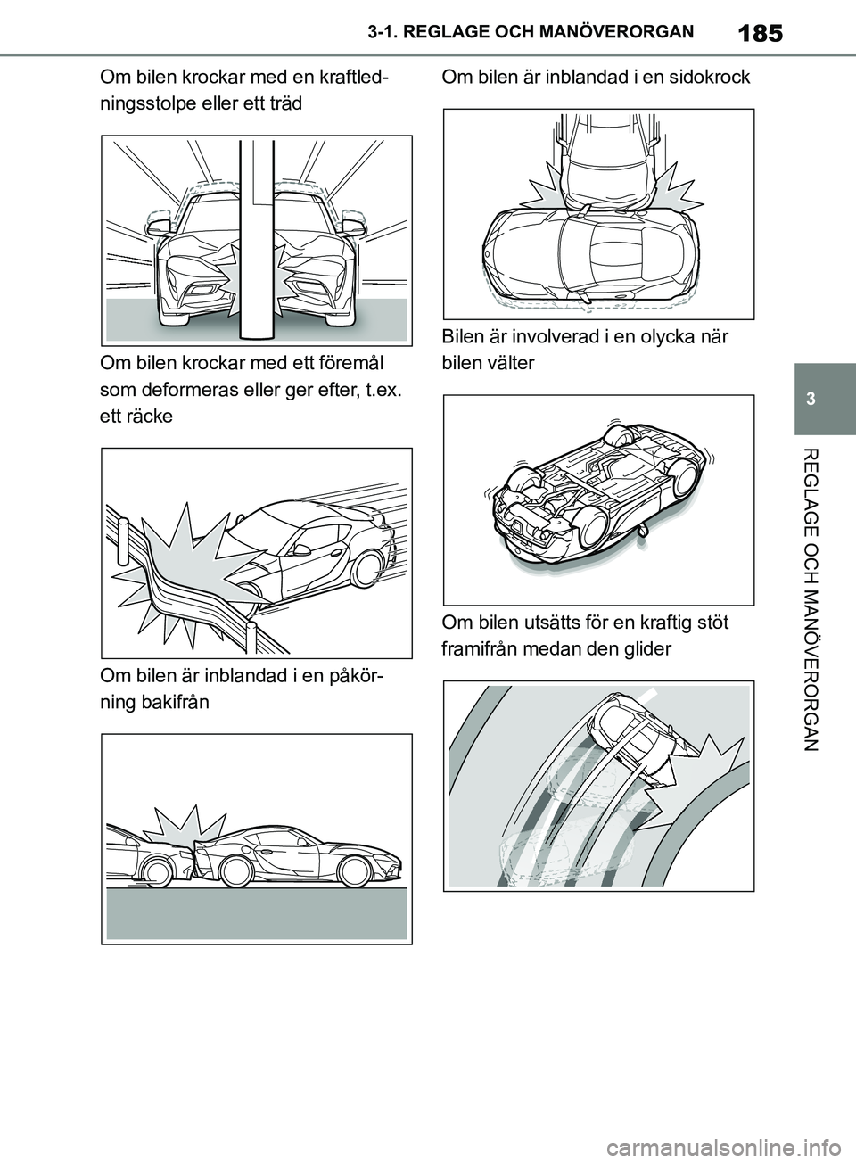 TOYOTA SUPRA 2019  Bruksanvisningar (in Swedish) 185
3
Supras instruktionsbok 3-1. REGLAGE O
CH MANÖVERORGAN
REGLAGE OCH MANÖVERORGAN
Om bilen krockar med en kraftled-
ningsstolpe eller ett träd
Om bilen krockar med ett föremål 
som deformeras 