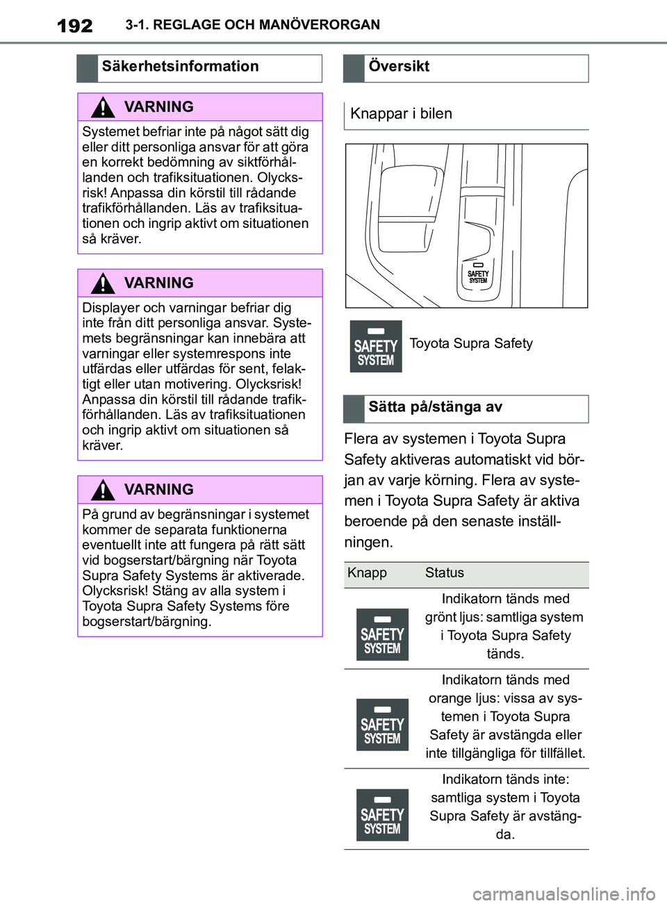 TOYOTA SUPRA 2019 Bruksanvisningar (in Swedish) 192
Supras instruktionsbok3-1. REGLAGE OCH MANÖVERORGAN
Flera av systemen i Toyota Supra
Safety aktiveras automatiskt vid bör-
jan av varje körning. Flera av syste-
men i Toyota Supra Safety är a TOYOTA SUPRA 2019 Bruksanvisningar (in Swedish) 192
Supras instruktionsbok3-1. REGLAGE OCH MANÖVERORGAN
Flera av systemen i Toyota Supra
Safety aktiveras automatiskt vid bör-
jan av varje körning. Flera av syste-
men i Toyota Supra Safety är a