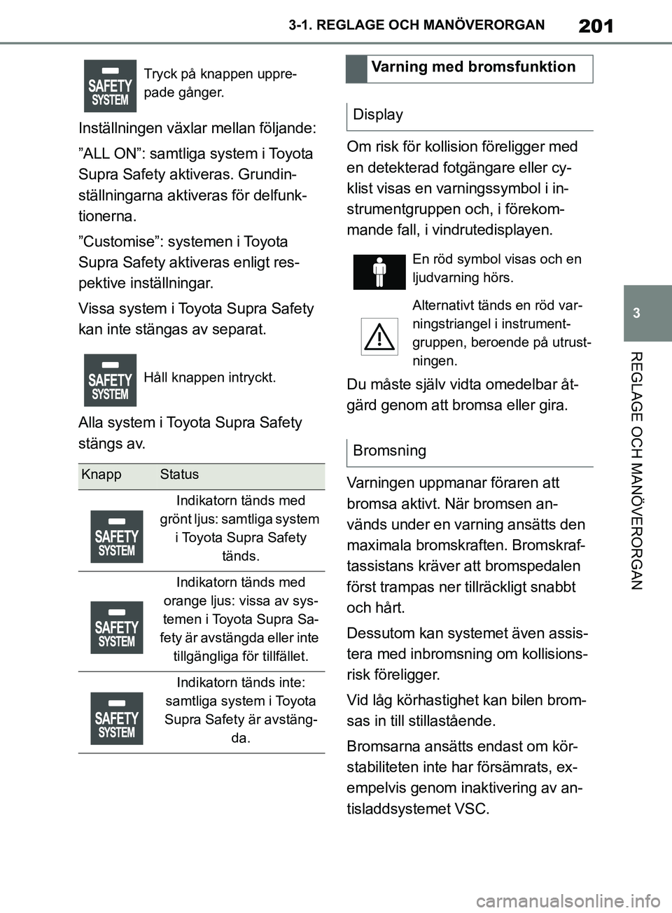 TOYOTA SUPRA 2019 Bruksanvisningar (in Swedish) 201
3
Supras instruktionsbok 3-1. REGLAGE O
CH MANÖVERORGAN
REGLAGE OCH MANÖVERORGAN
Inställningen växlar mellan följande:
”ALL ON”: samtliga system i Toyota
Supra Safety aktiveras. Grundin- TOYOTA SUPRA 2019 Bruksanvisningar (in Swedish) 201
3
Supras instruktionsbok 3-1. REGLAGE O
CH MANÖVERORGAN
REGLAGE OCH MANÖVERORGAN
Inställningen växlar mellan följande:
”ALL ON”: samtliga system i Toyota
Supra Safety aktiveras. Grundin-