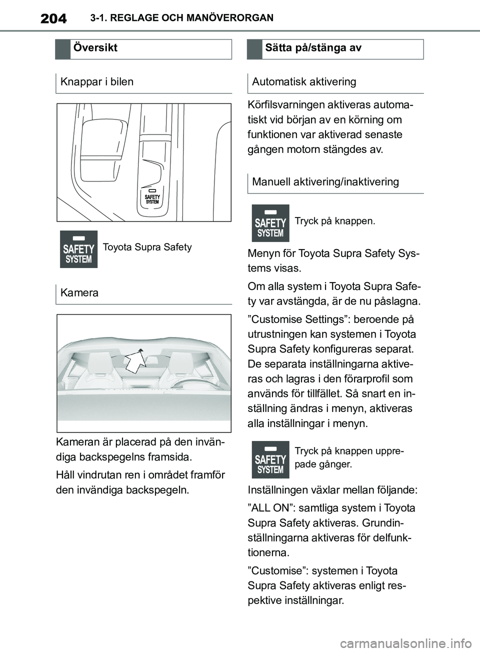 TOYOTA SUPRA 2019 Bruksanvisningar (in Swedish) 204
Supras instruktionsbok3-1. REGLAGE OCH MANÖVERORGAN
Kameran är placerad på den invän-
diga backspegelns framsida.
Håll vindrutan ren i området framför
den invändiga backspegeln.
Körfilsv TOYOTA SUPRA 2019 Bruksanvisningar (in Swedish) 204
Supras instruktionsbok3-1. REGLAGE OCH MANÖVERORGAN
Kameran är placerad på den invän-
diga backspegelns framsida.
Håll vindrutan ren i området framför
den invändiga backspegeln.
Körfilsv
