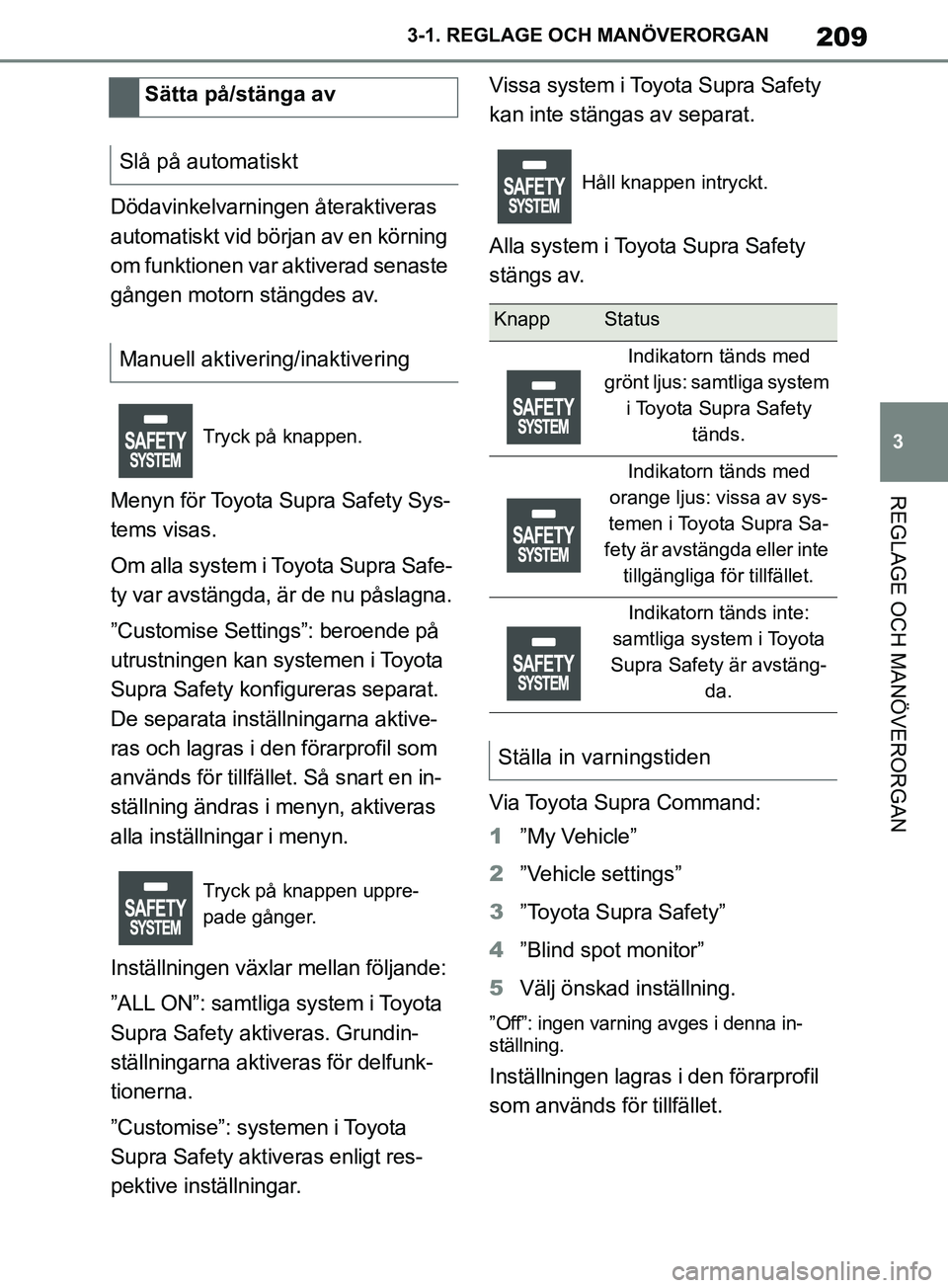 TOYOTA SUPRA 2019 Bruksanvisningar (in Swedish) 209
3
Supras instruktionsbok 3-1. REGLAGE O
CH MANÖVERORGAN
REGLAGE OCH MANÖVERORGAN
Dödavinkelvarningen återaktiveras
automatiskt vid början av en körning
om funktionen var aktiverad senaste TOYOTA SUPRA 2019 Bruksanvisningar (in Swedish) 209
3
Supras instruktionsbok 3-1. REGLAGE O
CH MANÖVERORGAN
REGLAGE OCH MANÖVERORGAN
Dödavinkelvarningen återaktiveras
automatiskt vid början av en körning
om funktionen var aktiverad senaste