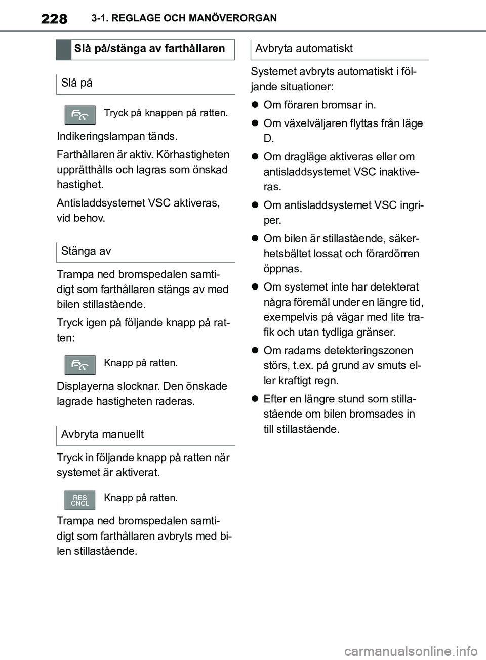 TOYOTA SUPRA 2019 Bruksanvisningar (in Swedish) 228
Supras instruktionsbok3-1. REGLAGE OCH MANÖVERORGAN
Indikeringslampan tänds.
Farthållaren är aktiv. Körhastigheten
upprätthålls och lagras som önskad
hastighet.
Antisladdsystemet VSC akt TOYOTA SUPRA 2019 Bruksanvisningar (in Swedish) 228
Supras instruktionsbok3-1. REGLAGE OCH MANÖVERORGAN
Indikeringslampan tänds.
Farthållaren är aktiv. Körhastigheten
upprätthålls och lagras som önskad
hastighet.
Antisladdsystemet VSC akt